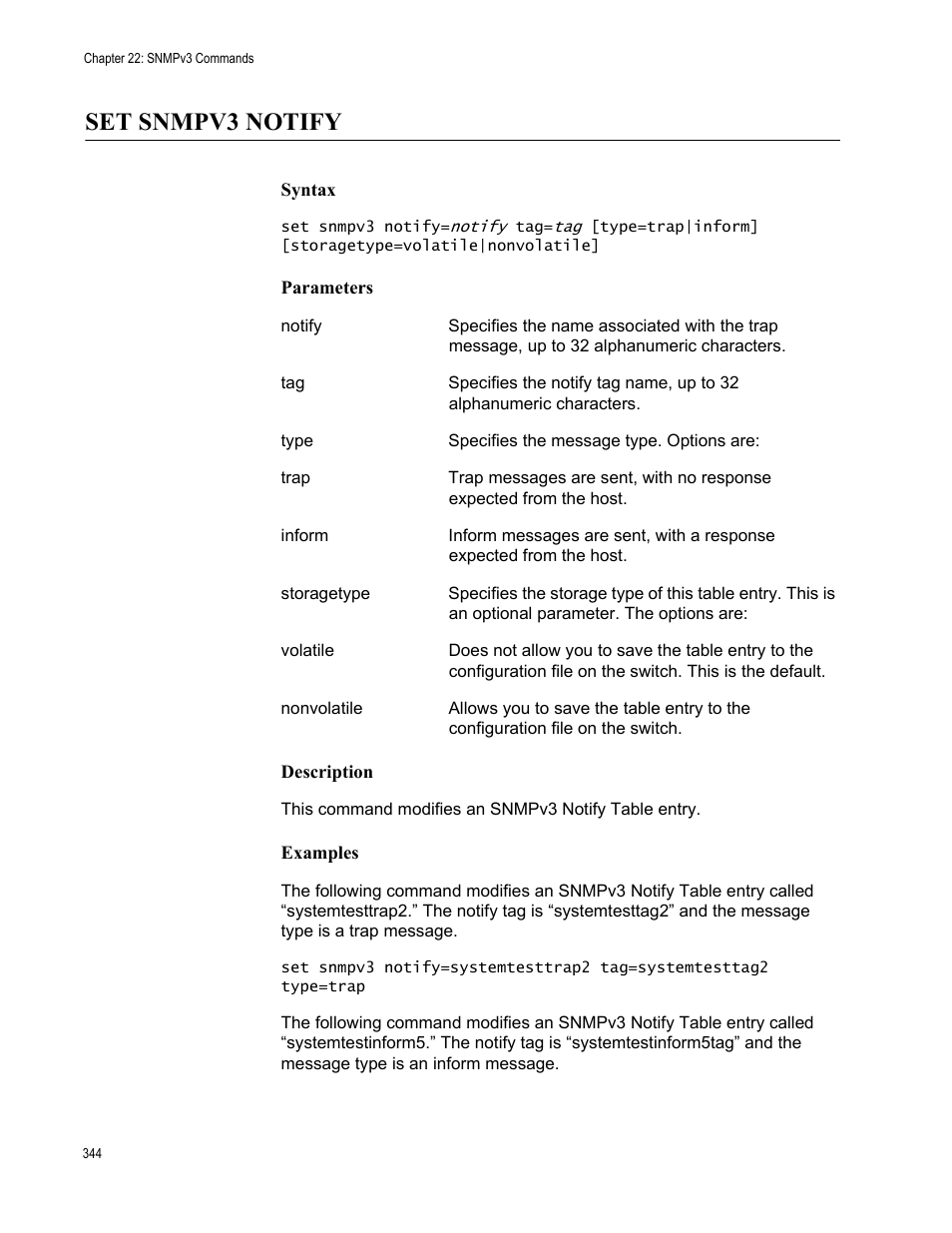 Set snmpv3 notify, Syntax, Parameters | Description, Examples | Allied Telesis AT-S63 User Manual | Page 344 / 562