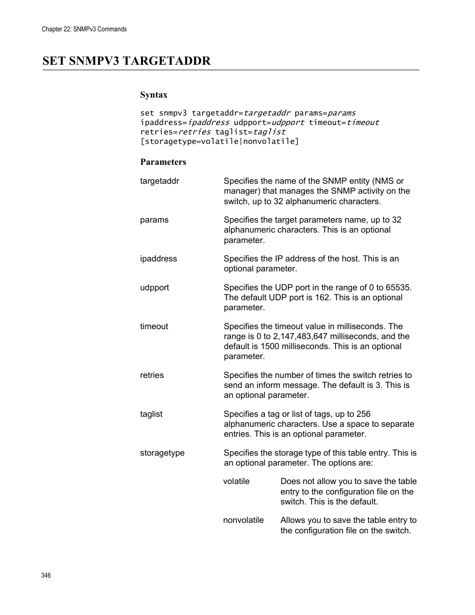 Set snmpv3 targetaddr, Syntax, Parameters | Allied Telesis AT-S63 User Manual | Page 346 / 562