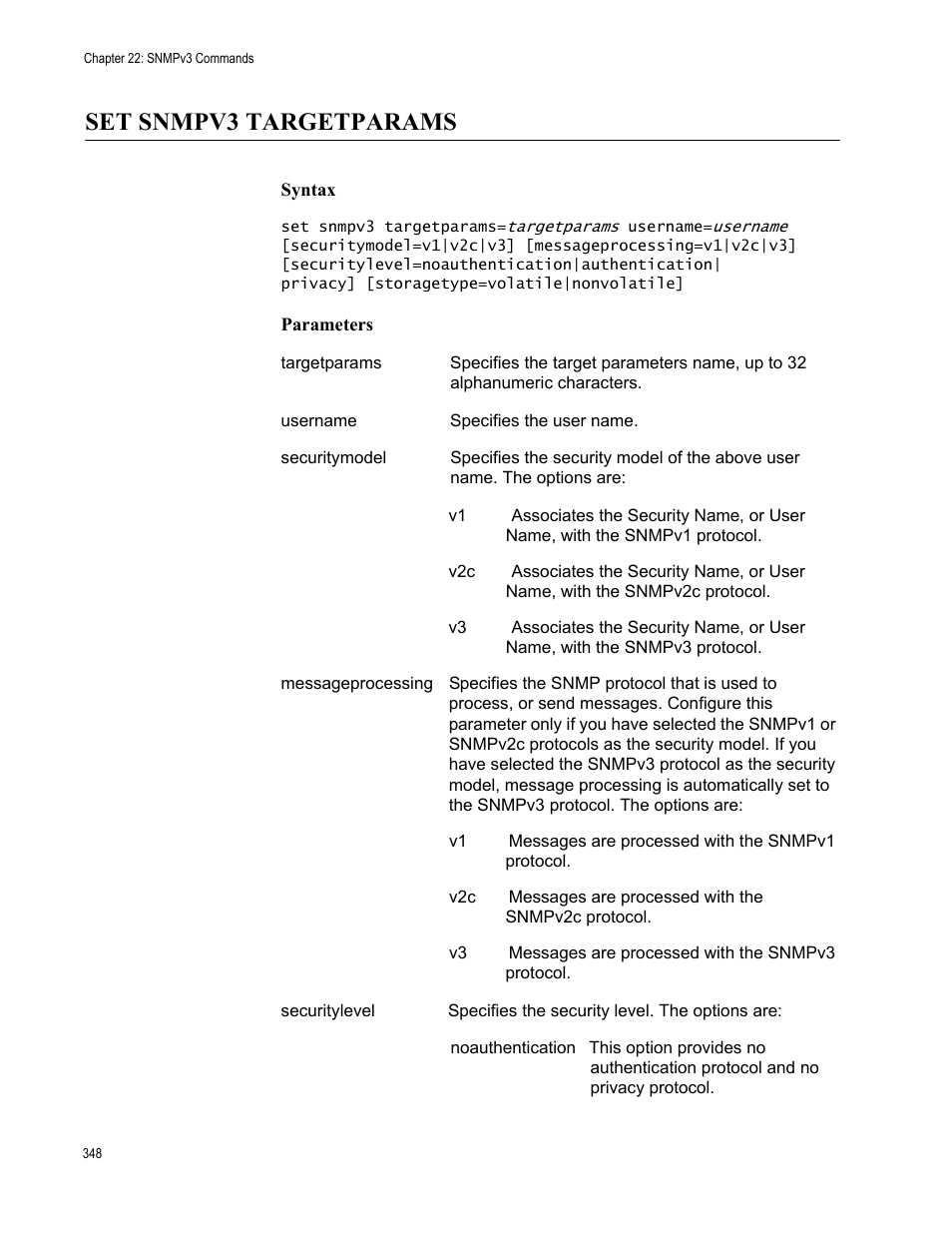 Set snmpv3 targetparams, Syntax, Parameters | Allied Telesis AT-S63 User Manual | Page 348 / 562