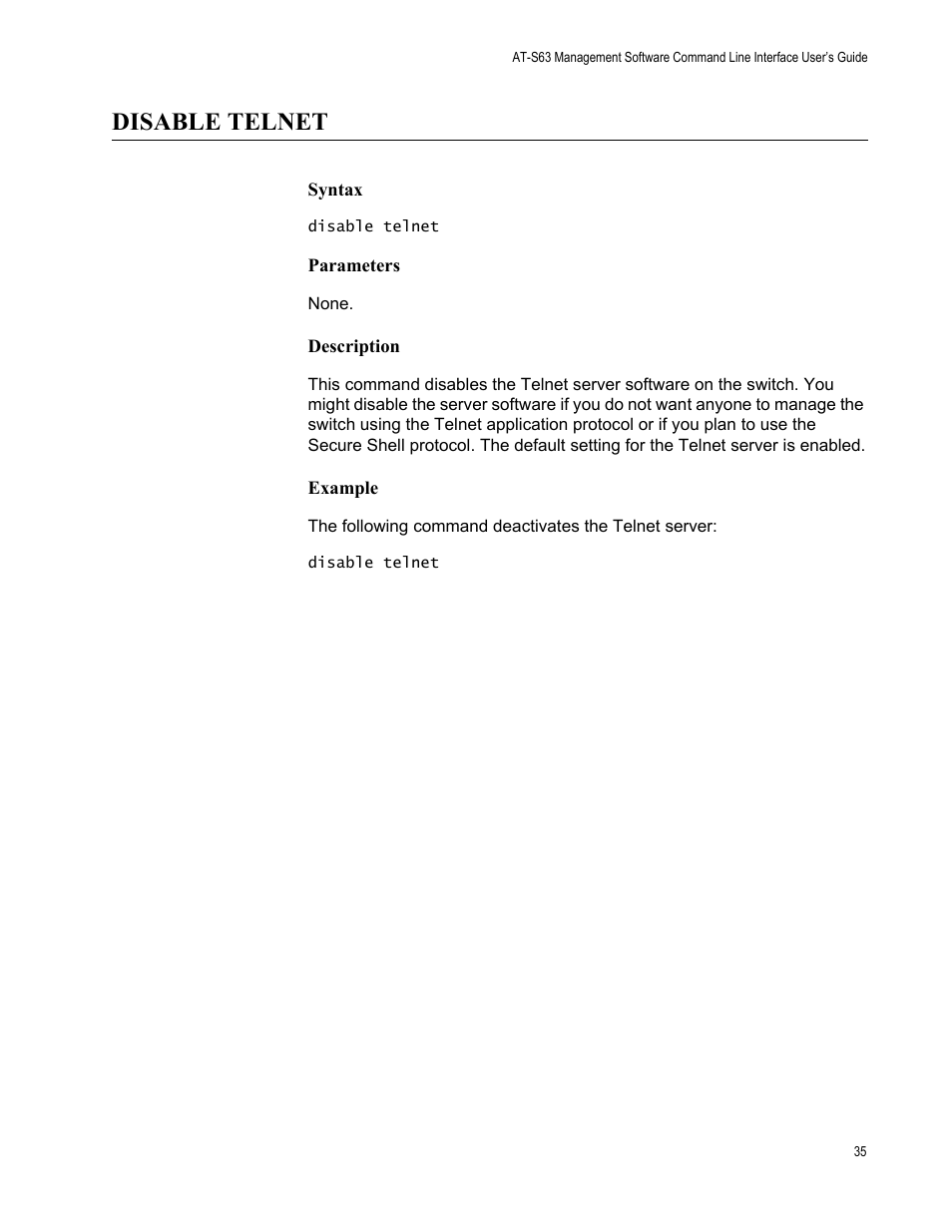 Disable telnet, Syntax, Parameters | Description, Example | Allied Telesis AT-S63 User Manual | Page 35 / 562