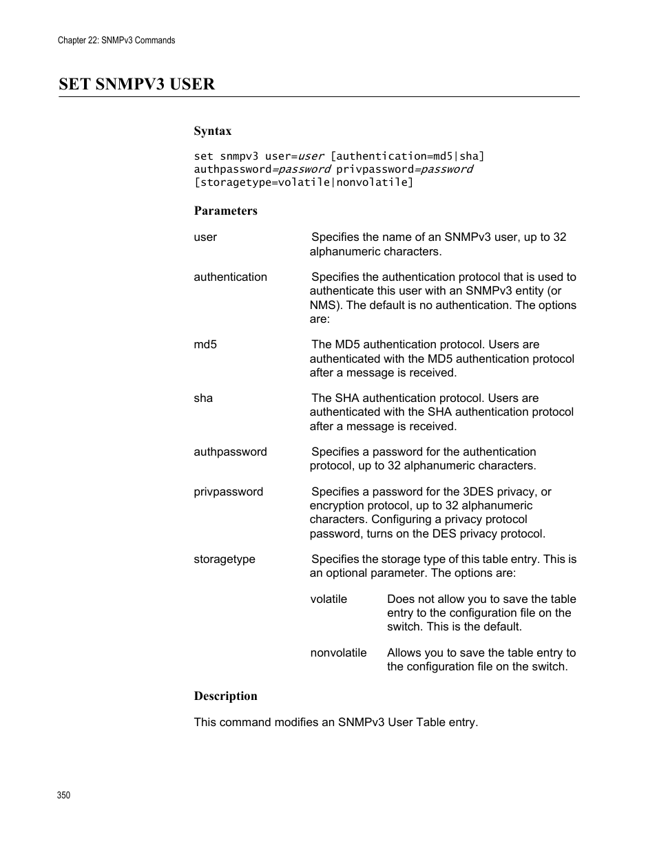 Set snmpv3 user, Syntax, Parameters | Description | Allied Telesis AT-S63 User Manual | Page 350 / 562