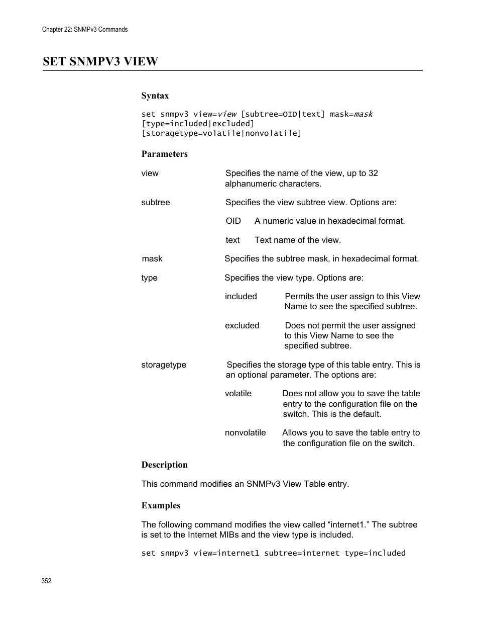 Set snmpv3 view, Syntax, Parameters | Description, Examples | Allied Telesis AT-S63 User Manual | Page 352 / 562