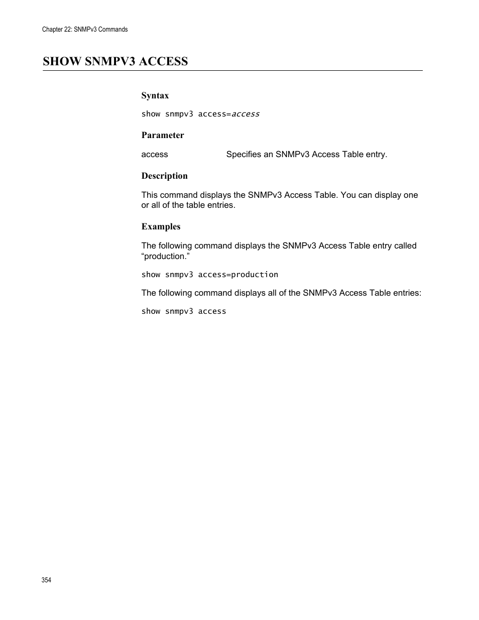 Show snmpv3 access, Syntax, Parameter | Description, Examples | Allied Telesis AT-S63 User Manual | Page 354 / 562