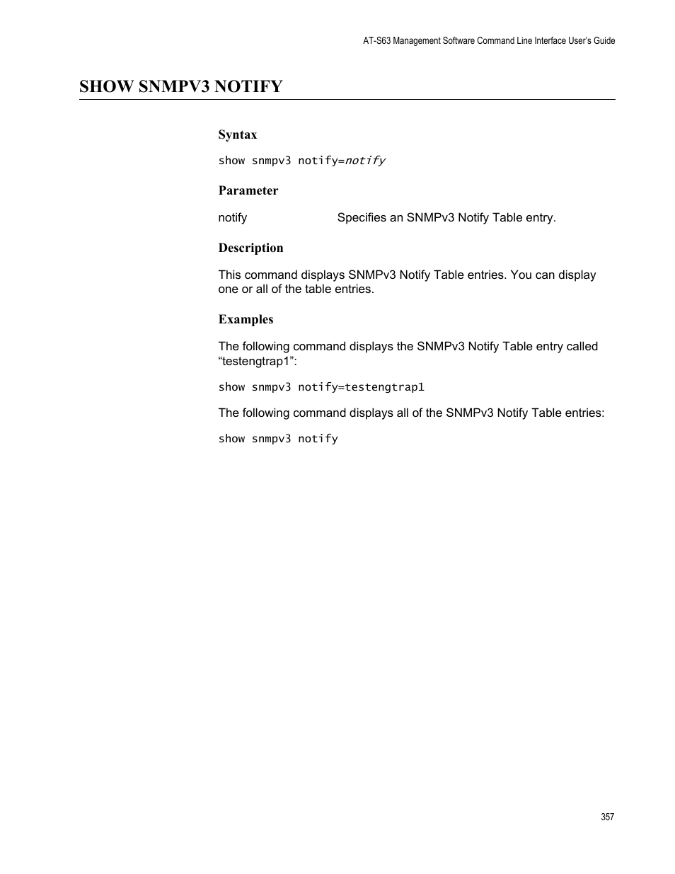 Show snmpv3 notify, Syntax, Parameter | Description, Examples | Allied Telesis AT-S63 User Manual | Page 357 / 562