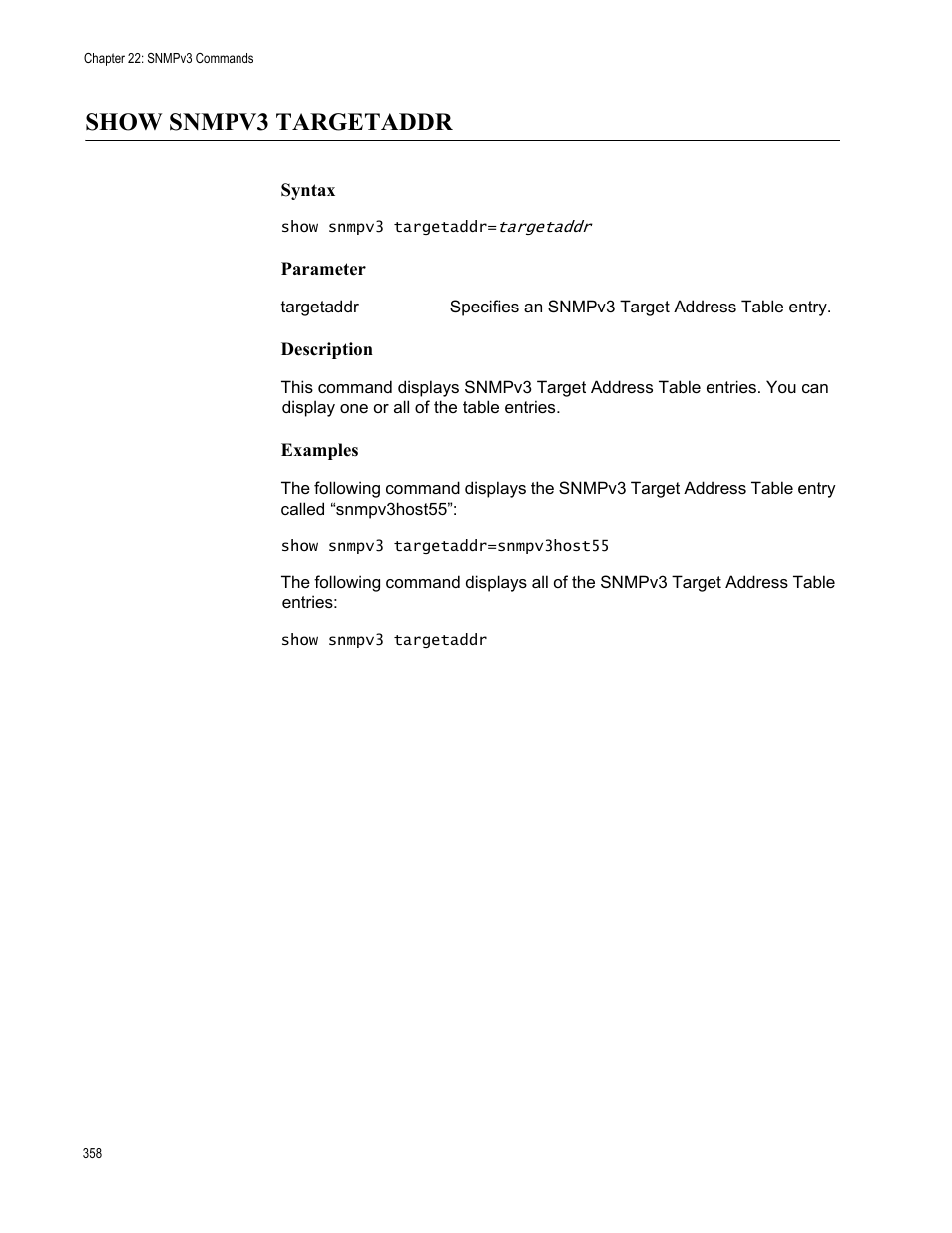 Show snmpv3 targetaddr, Syntax, Parameter | Description, Examples | Allied Telesis AT-S63 User Manual | Page 358 / 562