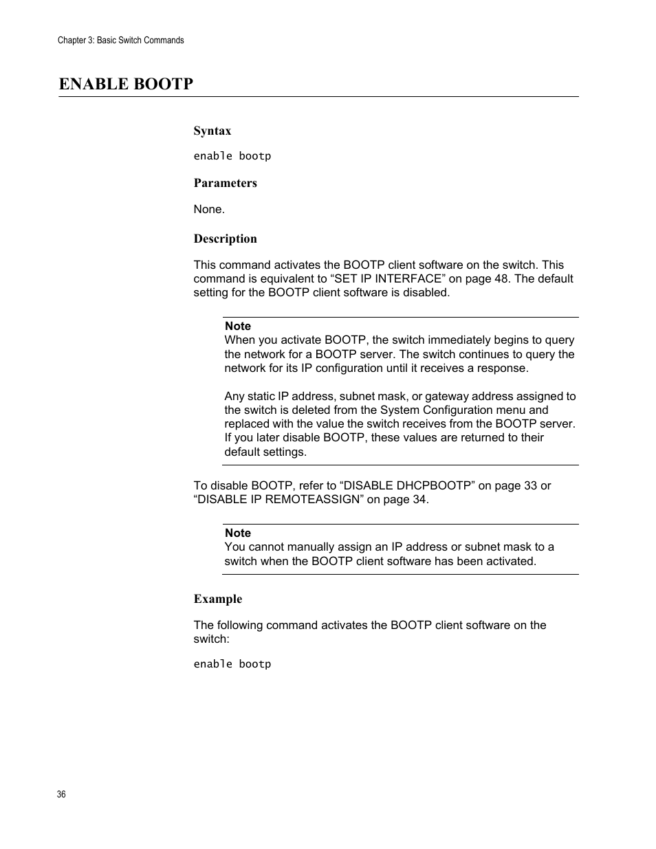 Enable bootp, Syntax, Parameters | Description, Example | Allied Telesis AT-S63 User Manual | Page 36 / 562