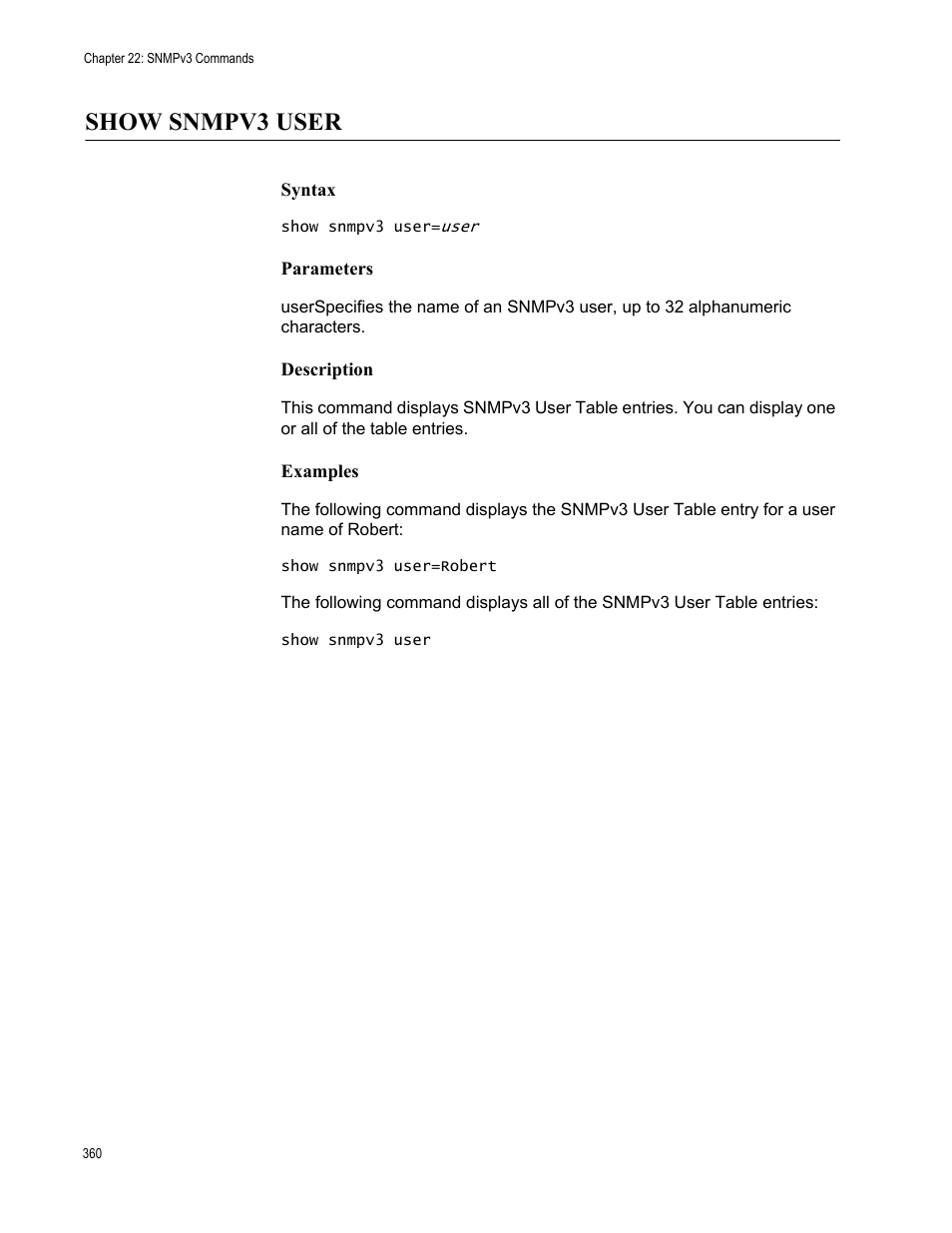 Show snmpv3 user, Syntax, Parameters | Description, Examples | Allied Telesis AT-S63 User Manual | Page 360 / 562