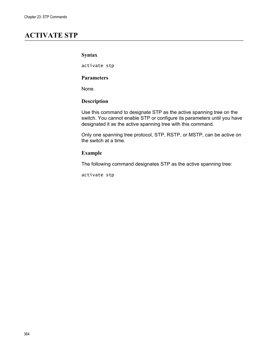 Activate stp, Syntax, Parameters | Description, Example | Allied Telesis AT-S63 User Manual | Page 364 / 562