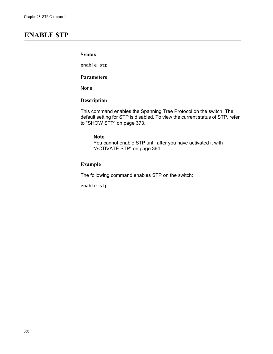 Enable stp, Syntax, Parameters | Description, Example | Allied Telesis AT-S63 User Manual | Page 366 / 562