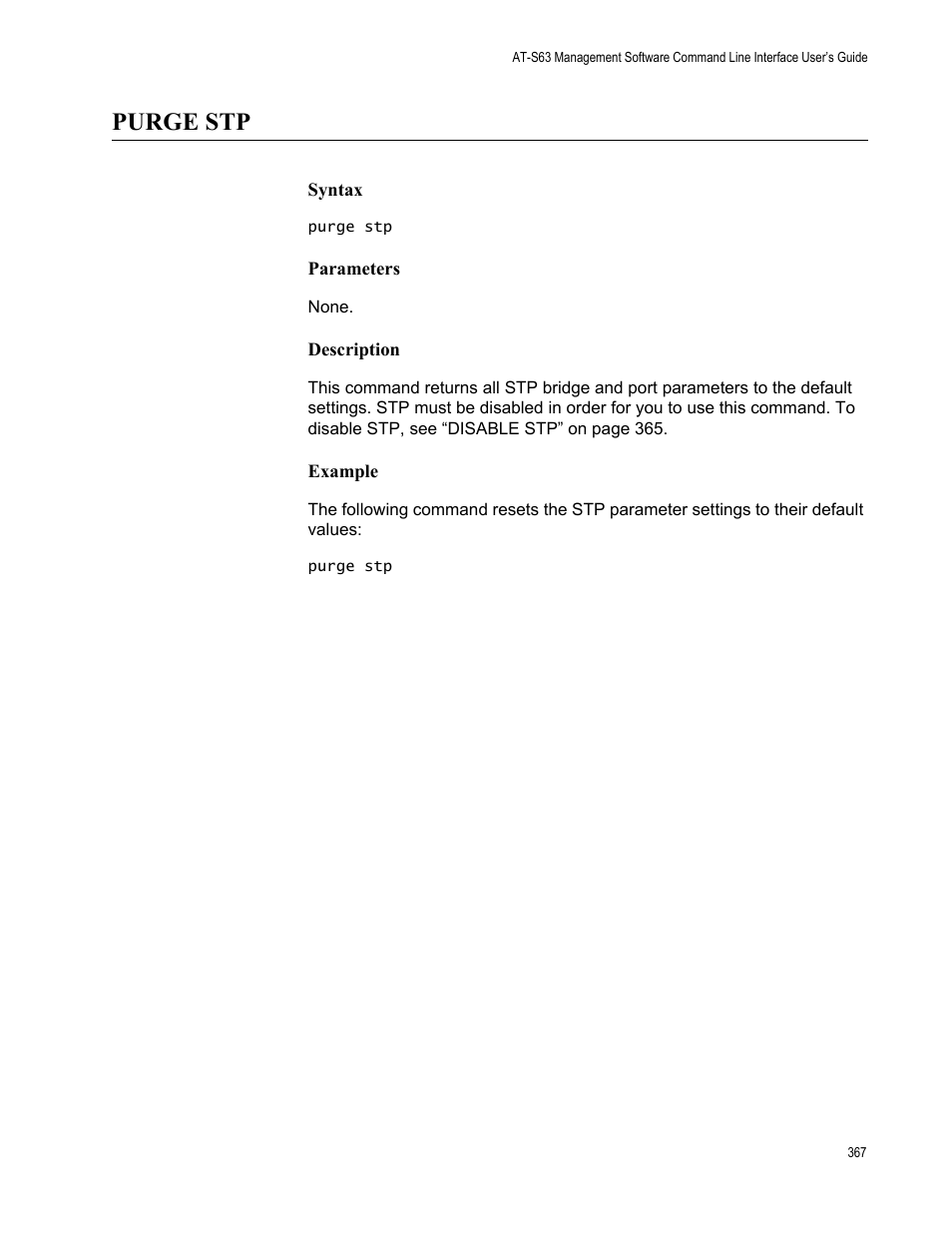 Purge stp, Syntax, Parameters | Description, Example | Allied Telesis AT-S63 User Manual | Page 367 / 562