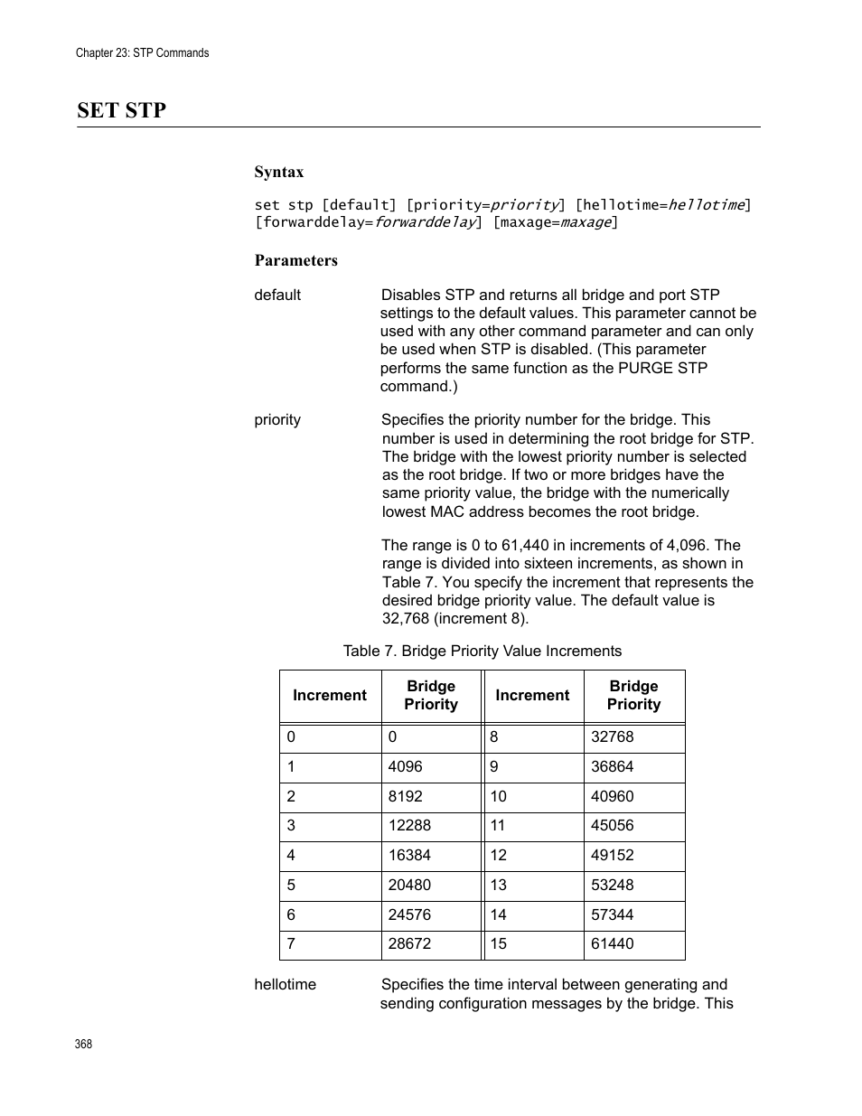 Set stp, Syntax, Parameters | Allied Telesis AT-S63 User Manual | Page 368 / 562