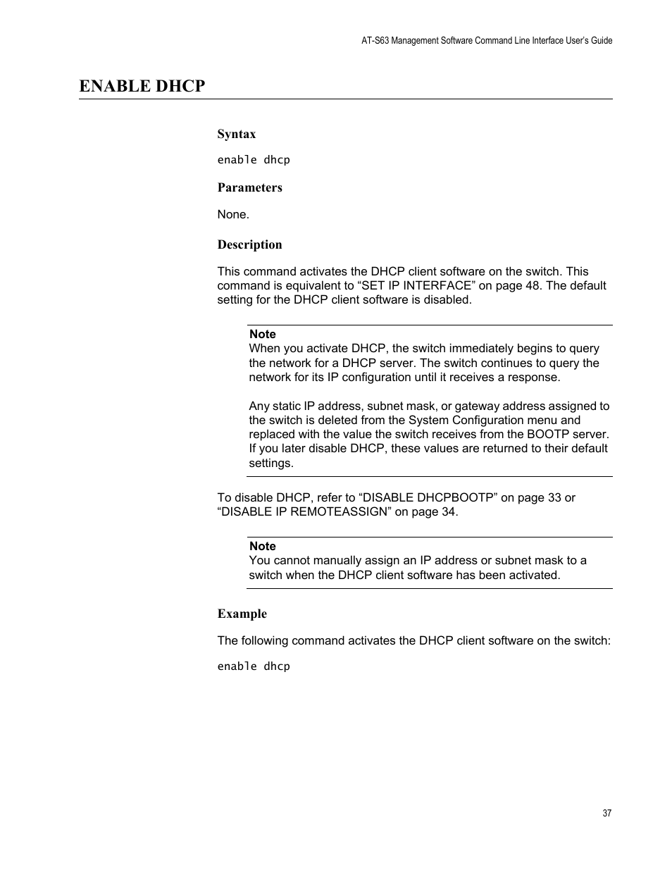 Enable dhcp, Syntax, Parameters | Description, Example | Allied Telesis AT-S63 User Manual | Page 37 / 562