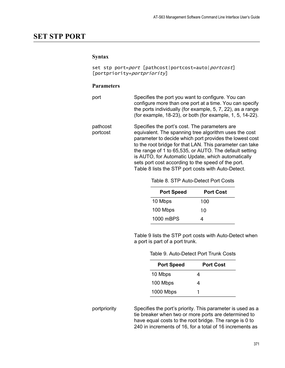Set stp port, Syntax, Parameters | Allied Telesis AT-S63 User Manual | Page 371 / 562