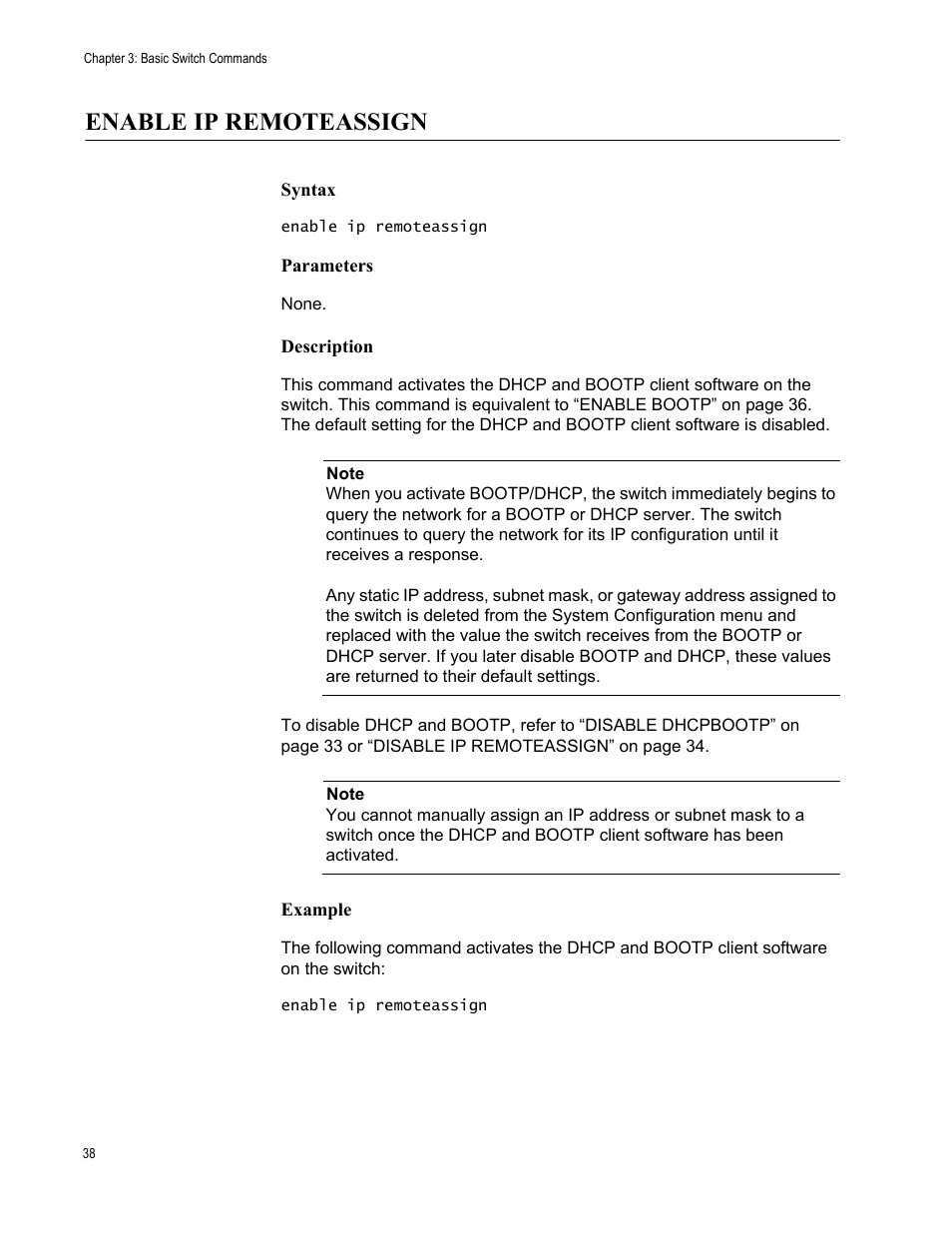 Enable ip remoteassign, Syntax, Parameters | Description, Example | Allied Telesis AT-S63 User Manual | Page 38 / 562