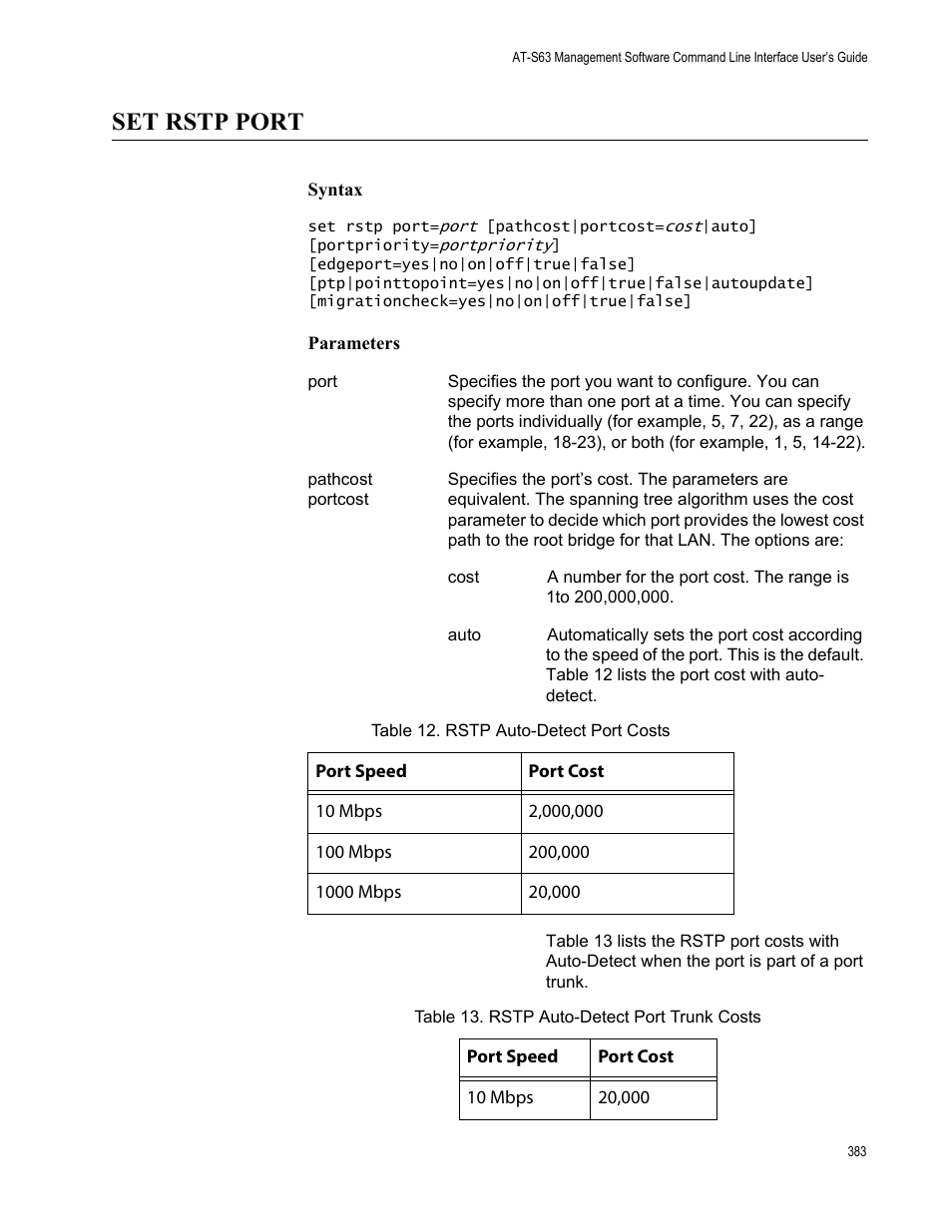 Set rstp port, Syntax, Parameters | Allied Telesis AT-S63 User Manual | Page 383 / 562