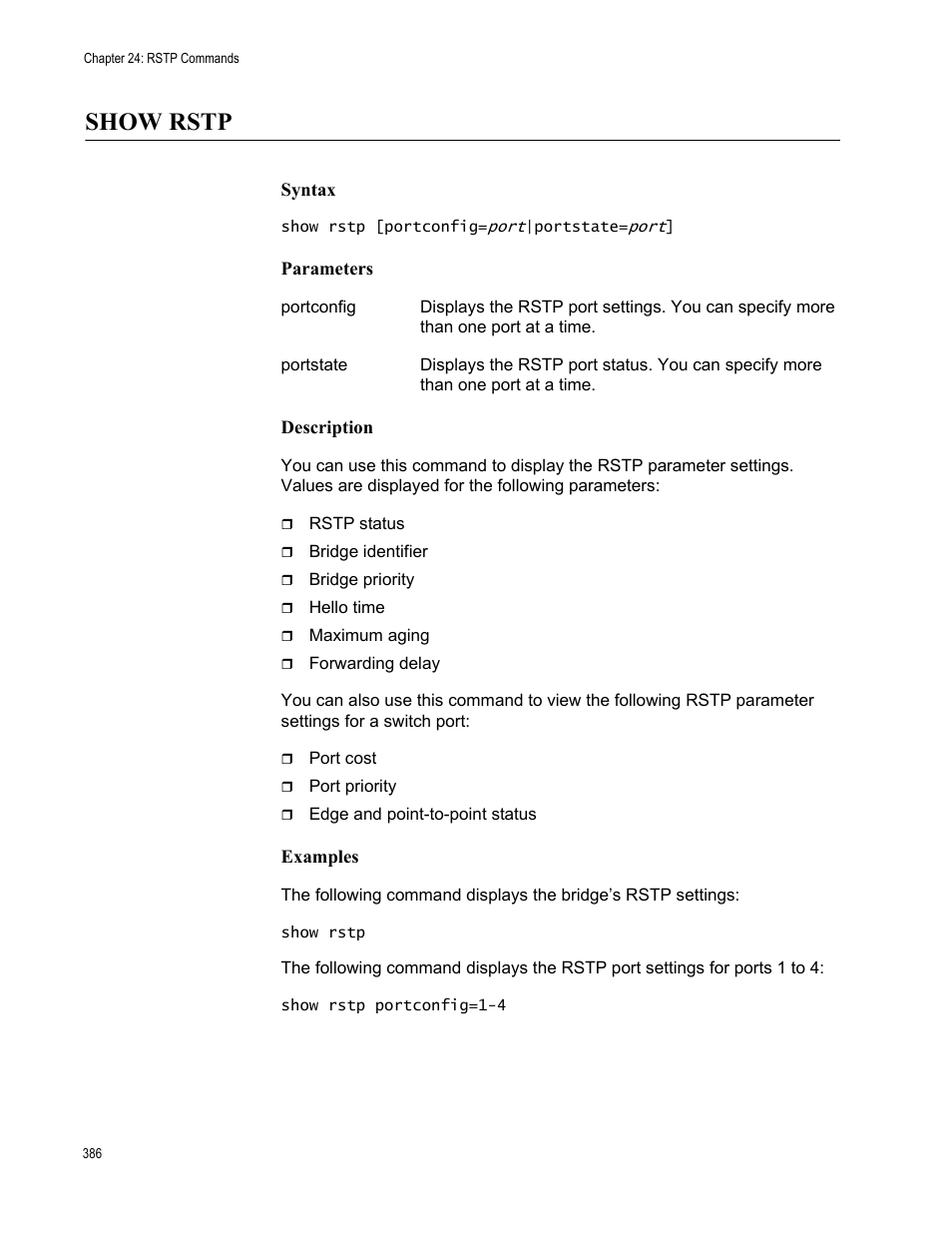 Show rstp, Syntax, Parameters | Description, Examples | Allied Telesis AT-S63 User Manual | Page 386 / 562