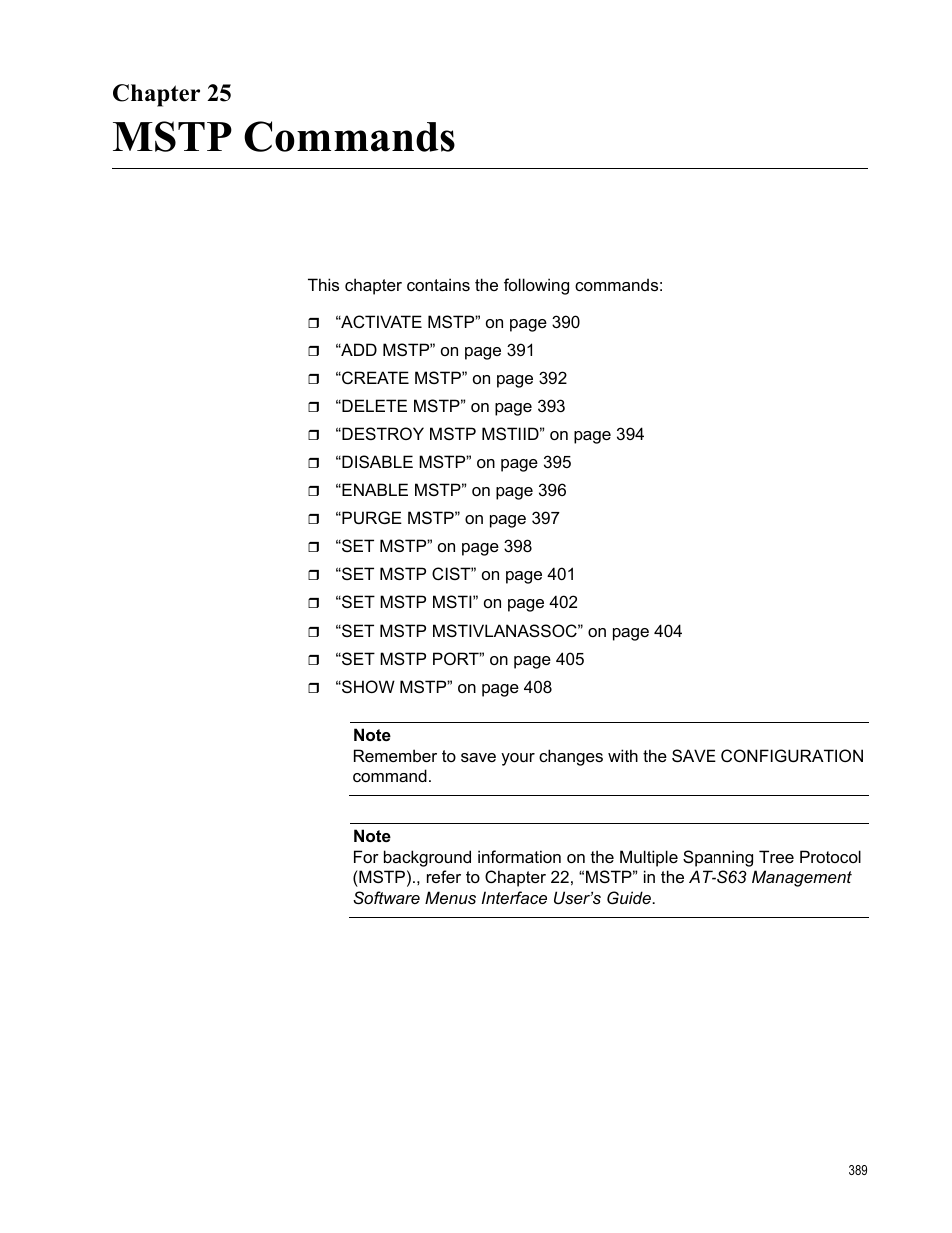 Chapter 25, Mstp commands | Allied Telesis AT-S63 User Manual | Page 389 / 562