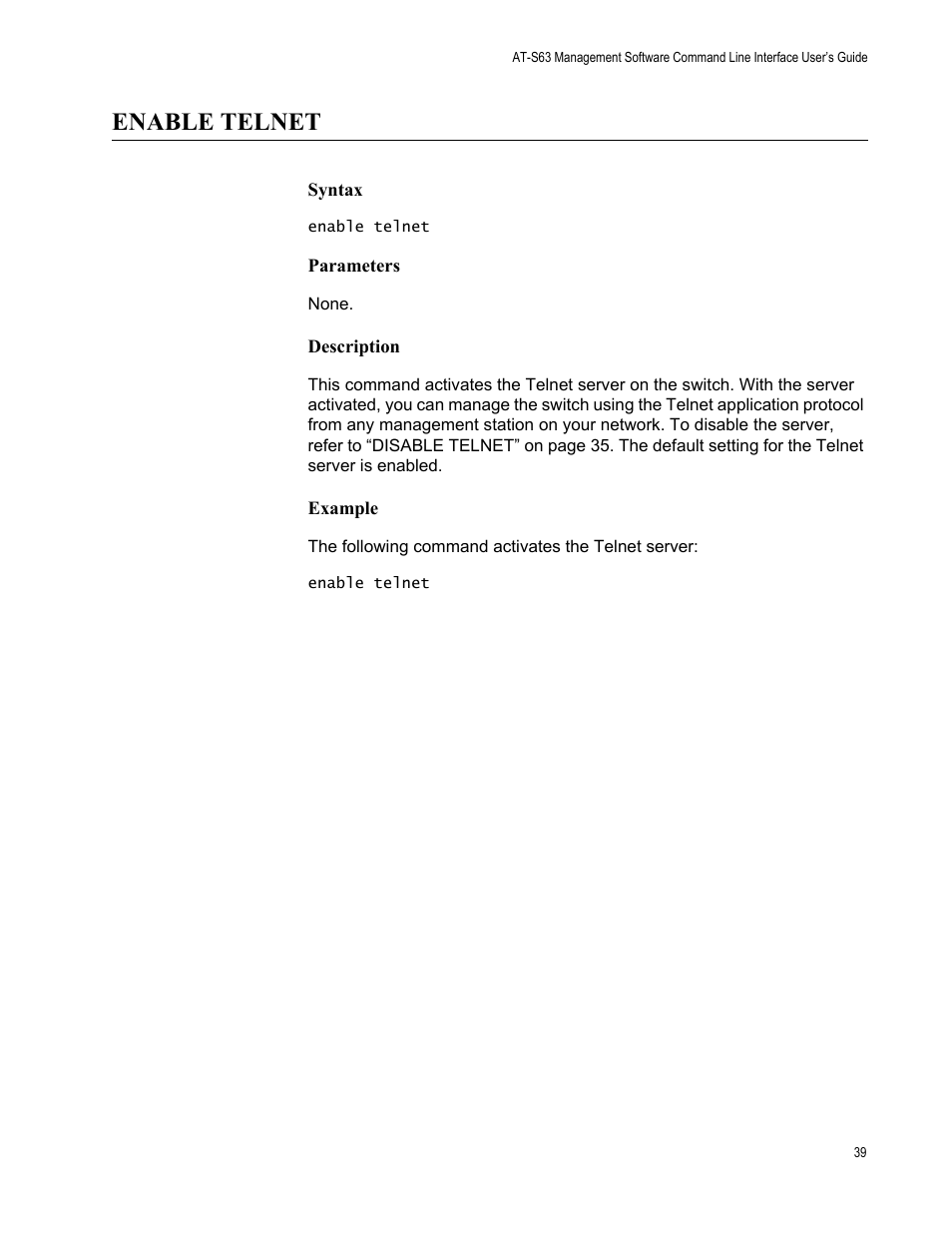 Enable telnet, Syntax, Parameters | Description, Example | Allied Telesis AT-S63 User Manual | Page 39 / 562