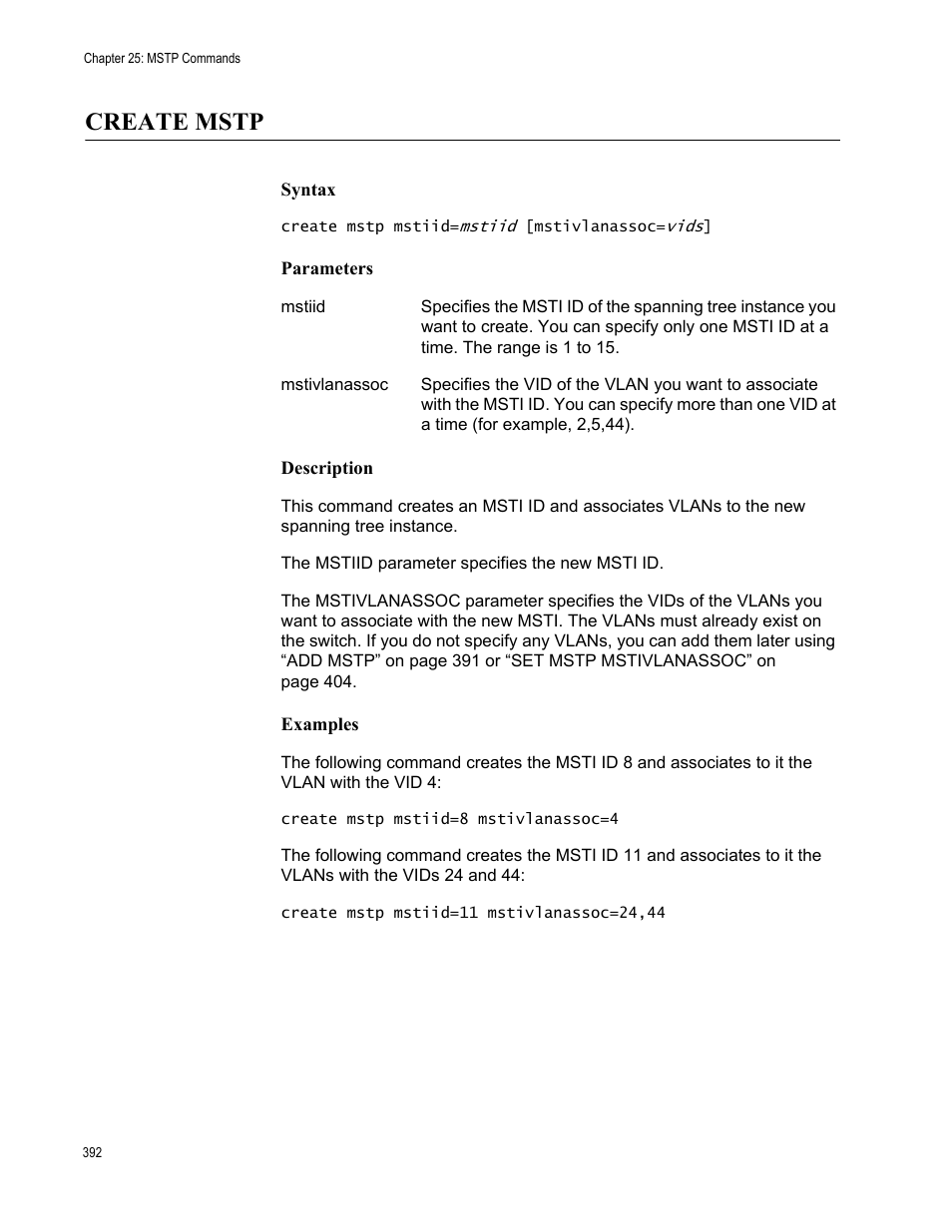 Create mstp, Syntax, Parameters | Description, Examples | Allied Telesis AT-S63 User Manual | Page 392 / 562