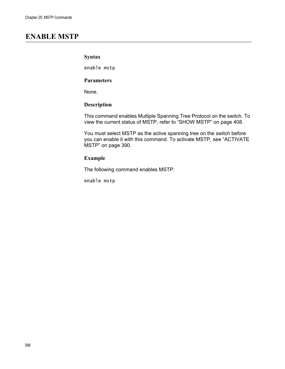 Enable mstp, Syntax, Parameters | Description, Example | Allied Telesis AT-S63 User Manual | Page 396 / 562