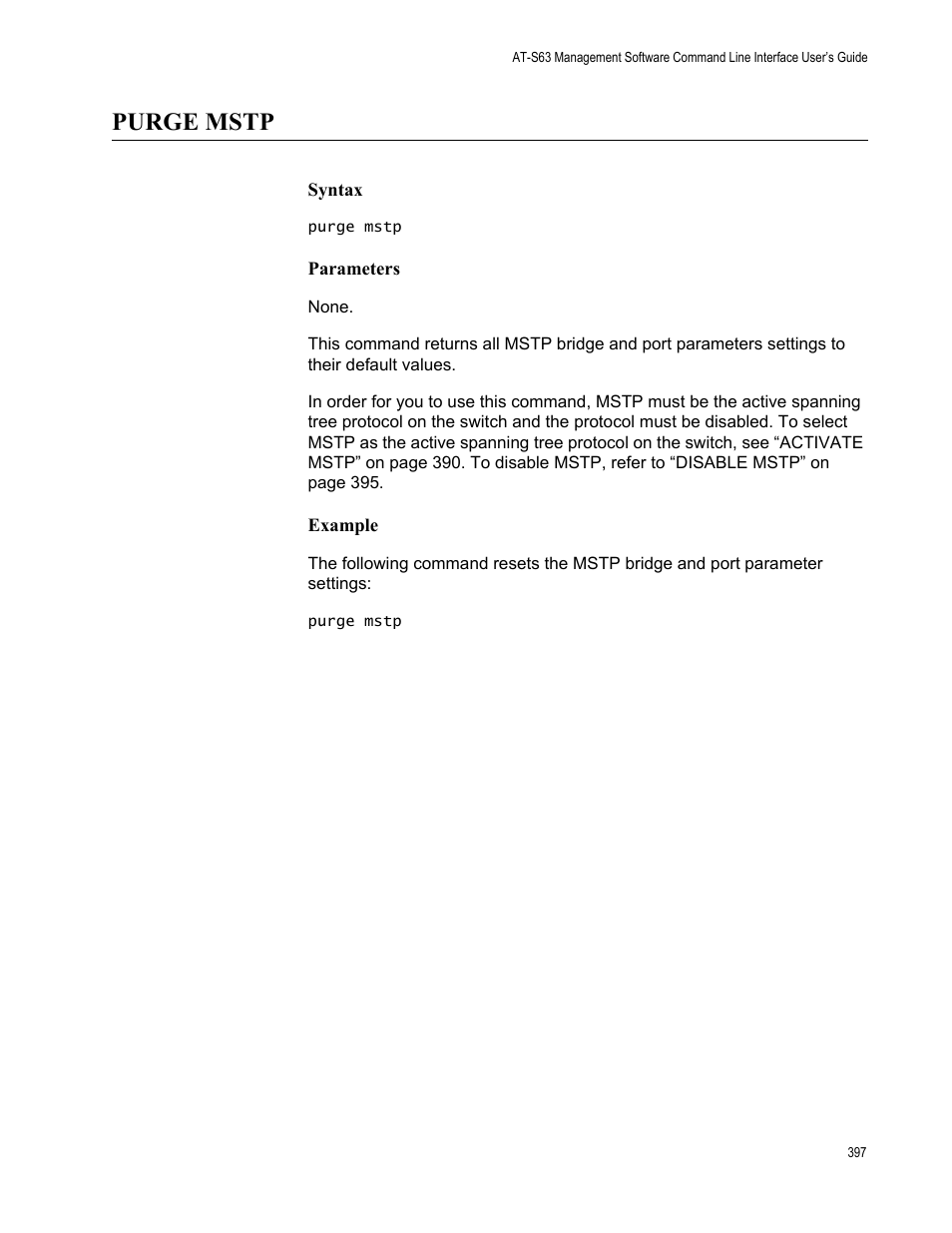 Purge mstp, Syntax, Parameters | Example | Allied Telesis AT-S63 User Manual | Page 397 / 562