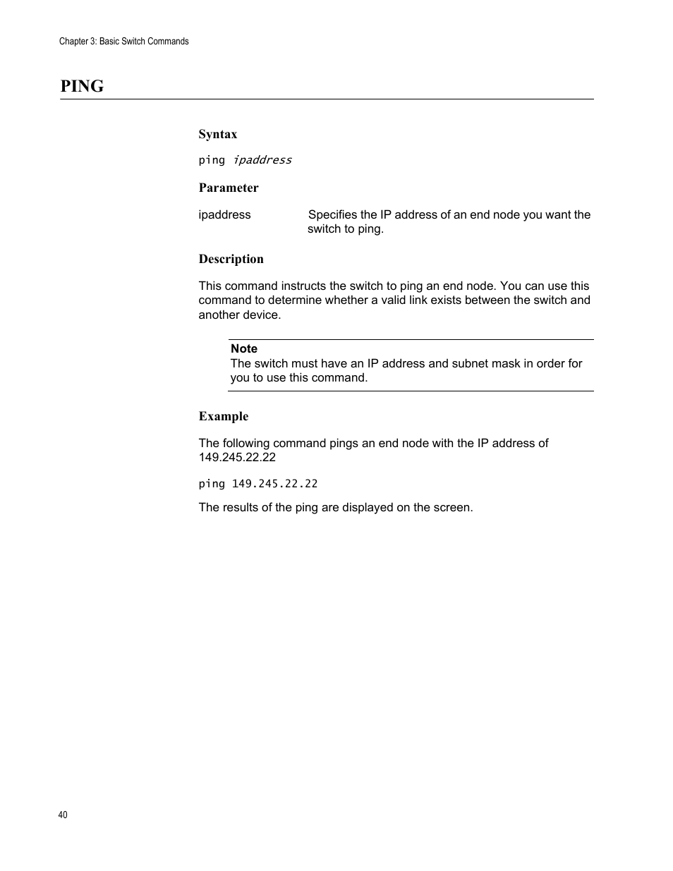 Ping, Syntax, Parameter | Description, Example | Allied Telesis AT-S63 User Manual | Page 40 / 562