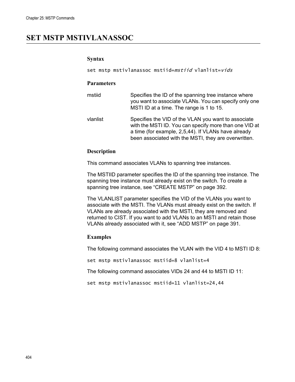 Set mstp mstivlanassoc, Syntax, Parameters | Description, Examples | Allied Telesis AT-S63 User Manual | Page 404 / 562