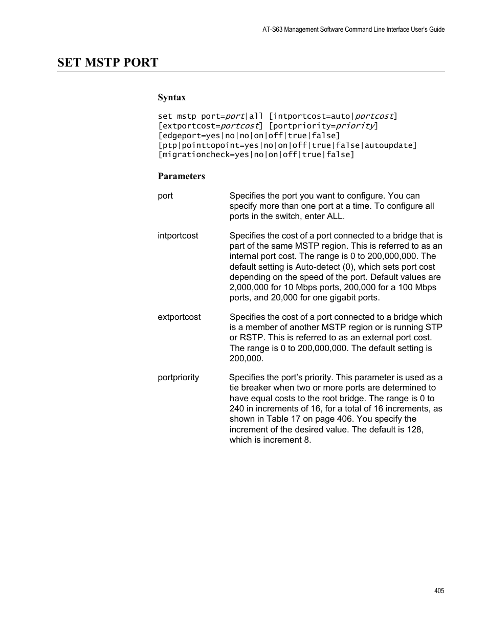 Set mstp port, Syntax, Parameters | Allied Telesis AT-S63 User Manual | Page 405 / 562