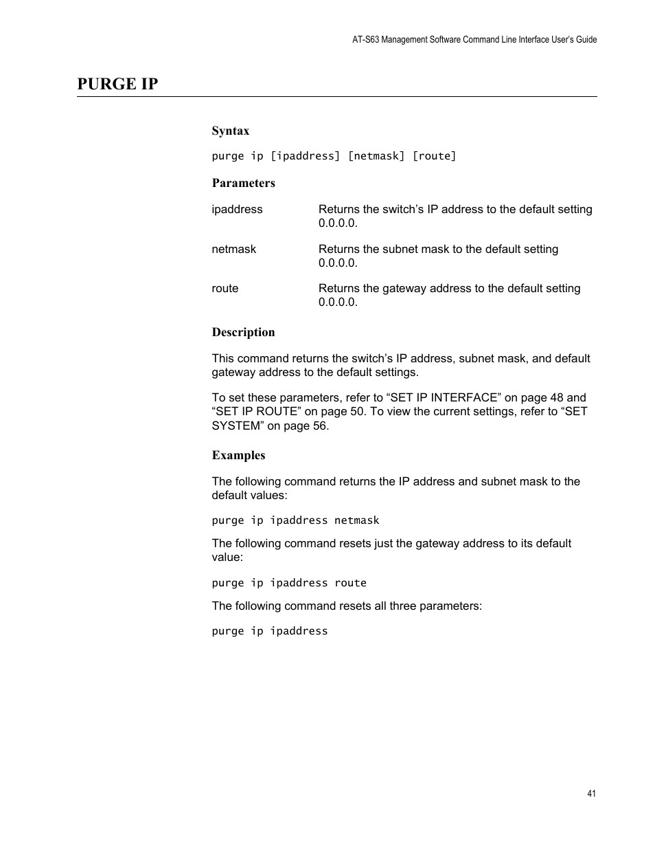 Purge ip, Syntax, Parameters | Description, Examples | Allied Telesis AT-S63 User Manual | Page 41 / 562