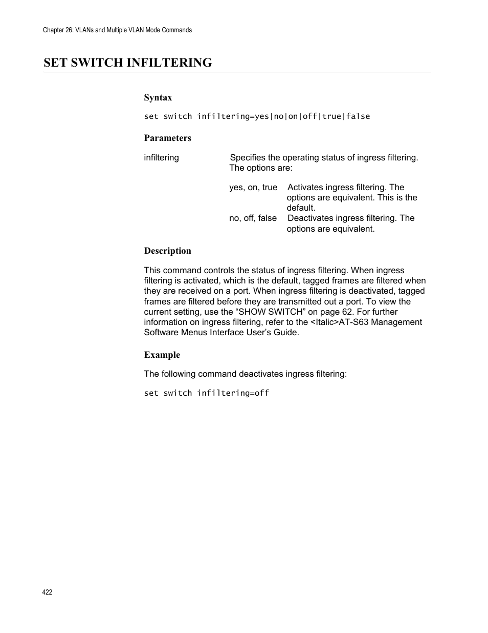 Set switch infiltering, Syntax, Parameters | Description, Example | Allied Telesis AT-S63 User Manual | Page 422 / 562