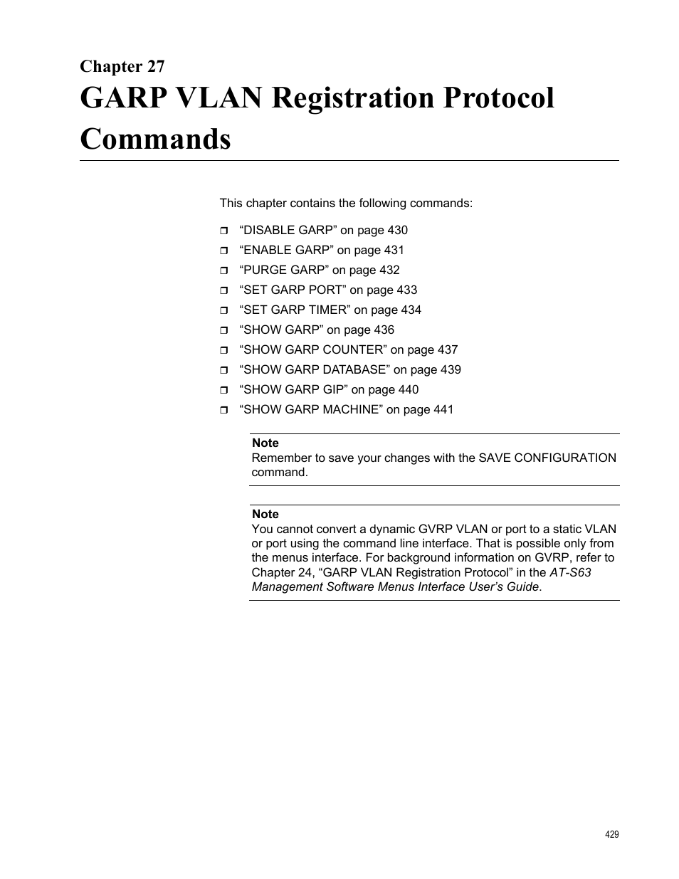 Chapter 27, Garp vlan registration protocol commands | Allied Telesis AT-S63 User Manual | Page 429 / 562