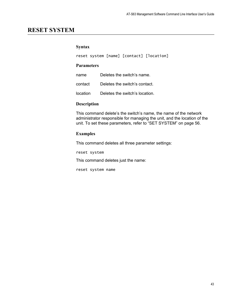 Reset system, Syntax, Parameters | Description, Examples | Allied Telesis AT-S63 User Manual | Page 43 / 562