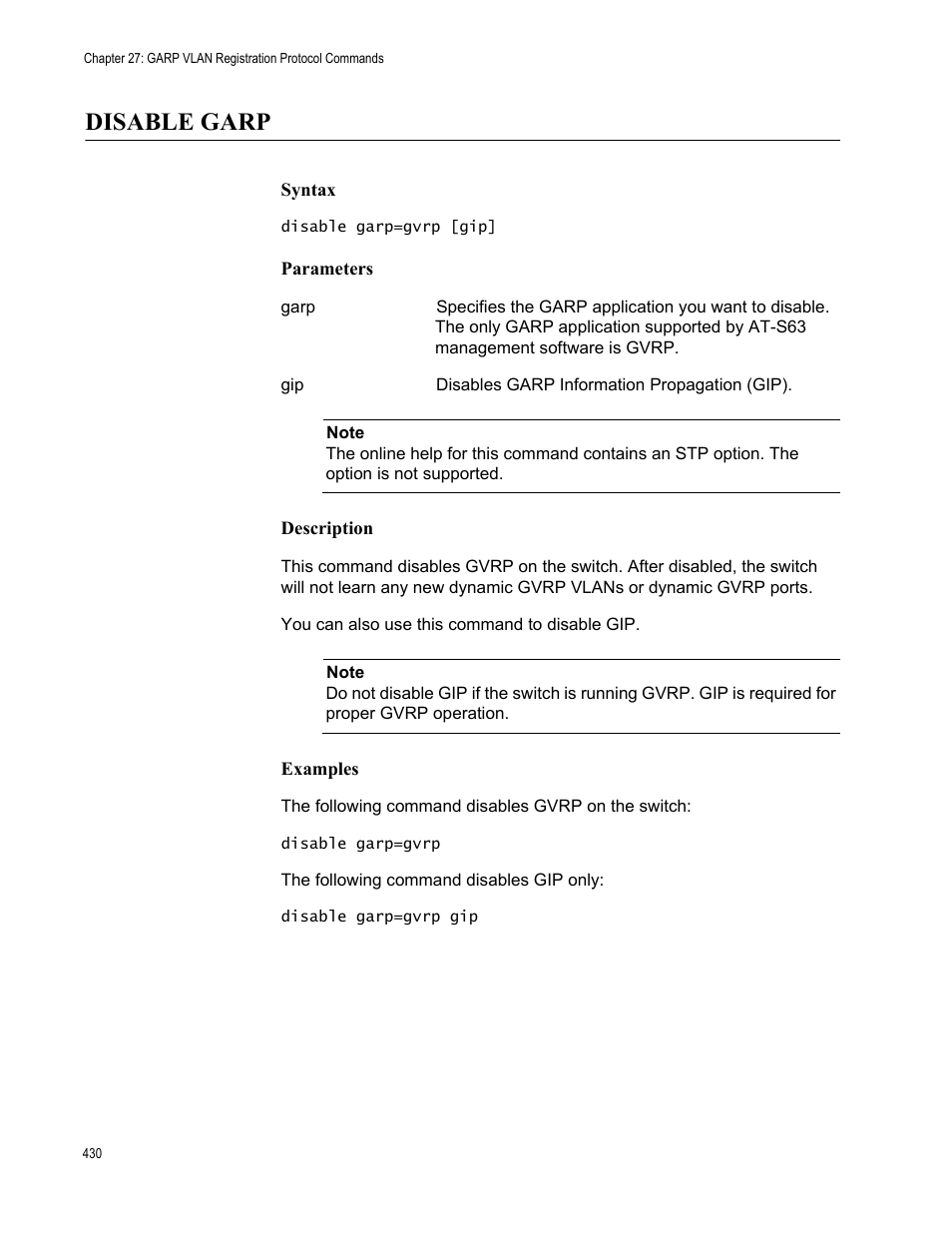 Disable garp, Syntax, Parameters | Description, Examples | Allied Telesis AT-S63 User Manual | Page 430 / 562