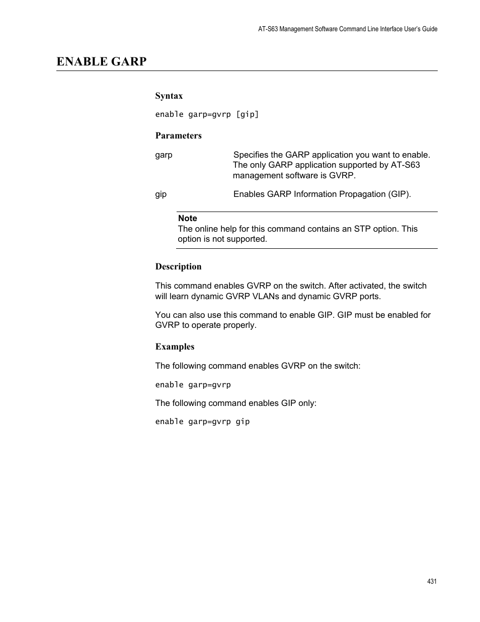 Enable garp, Syntax, Parameters | Description, Examples | Allied Telesis AT-S63 User Manual | Page 431 / 562