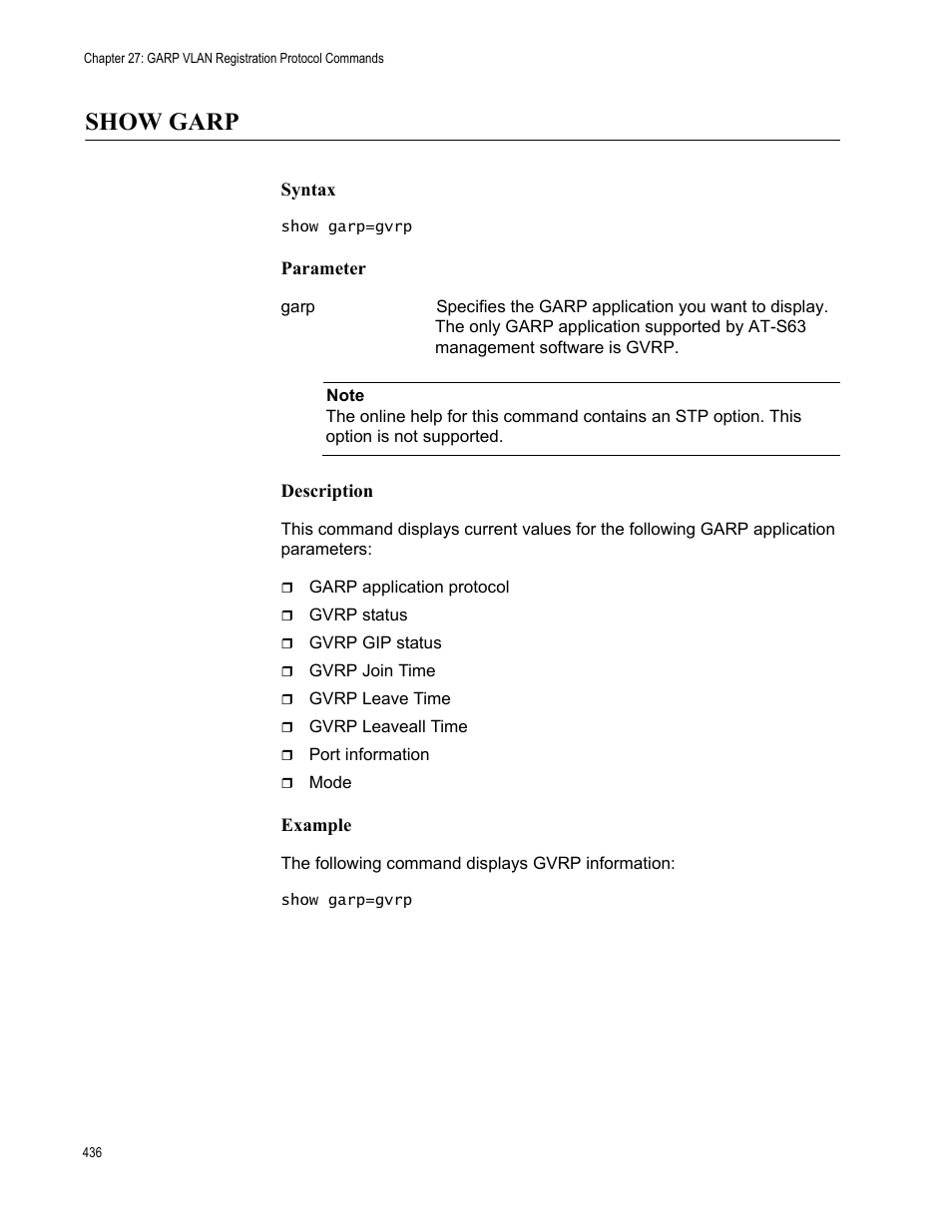 Show garp, Syntax, Parameter | Description, Example | Allied Telesis AT-S63 User Manual | Page 436 / 562