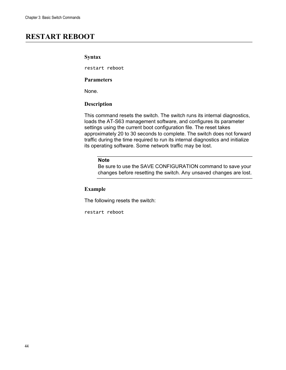 Restart reboot, Syntax, Parameters | Description, Example | Allied Telesis AT-S63 User Manual | Page 44 / 562