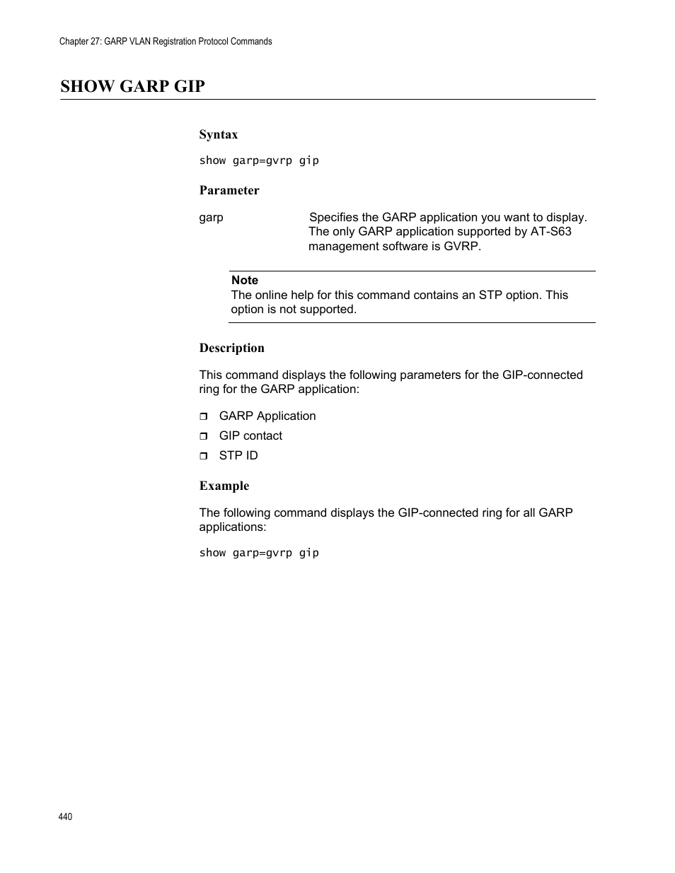 Show garp gip, Syntax, Parameter | Description, Example | Allied Telesis AT-S63 User Manual | Page 440 / 562