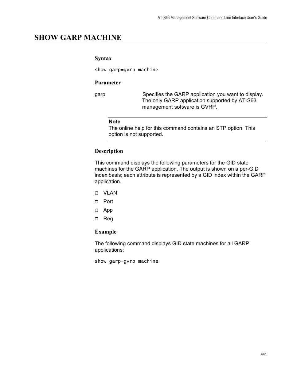 Show garp machine, Syntax, Parameter | Description, Example | Allied Telesis AT-S63 User Manual | Page 441 / 562