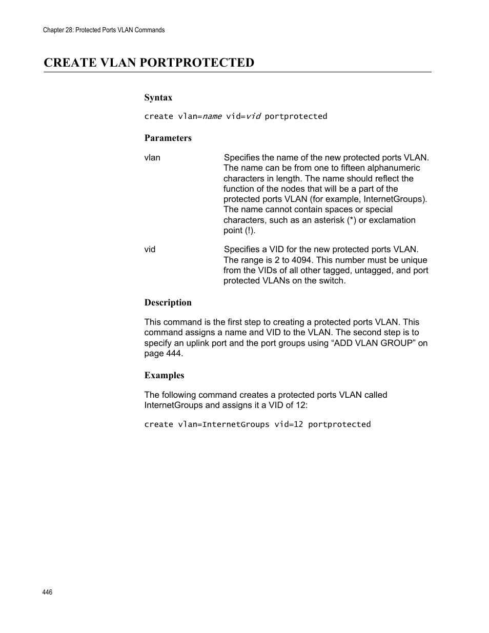 Create vlan portprotected, Syntax, Parameters | Description, Examples | Allied Telesis AT-S63 User Manual | Page 446 / 562