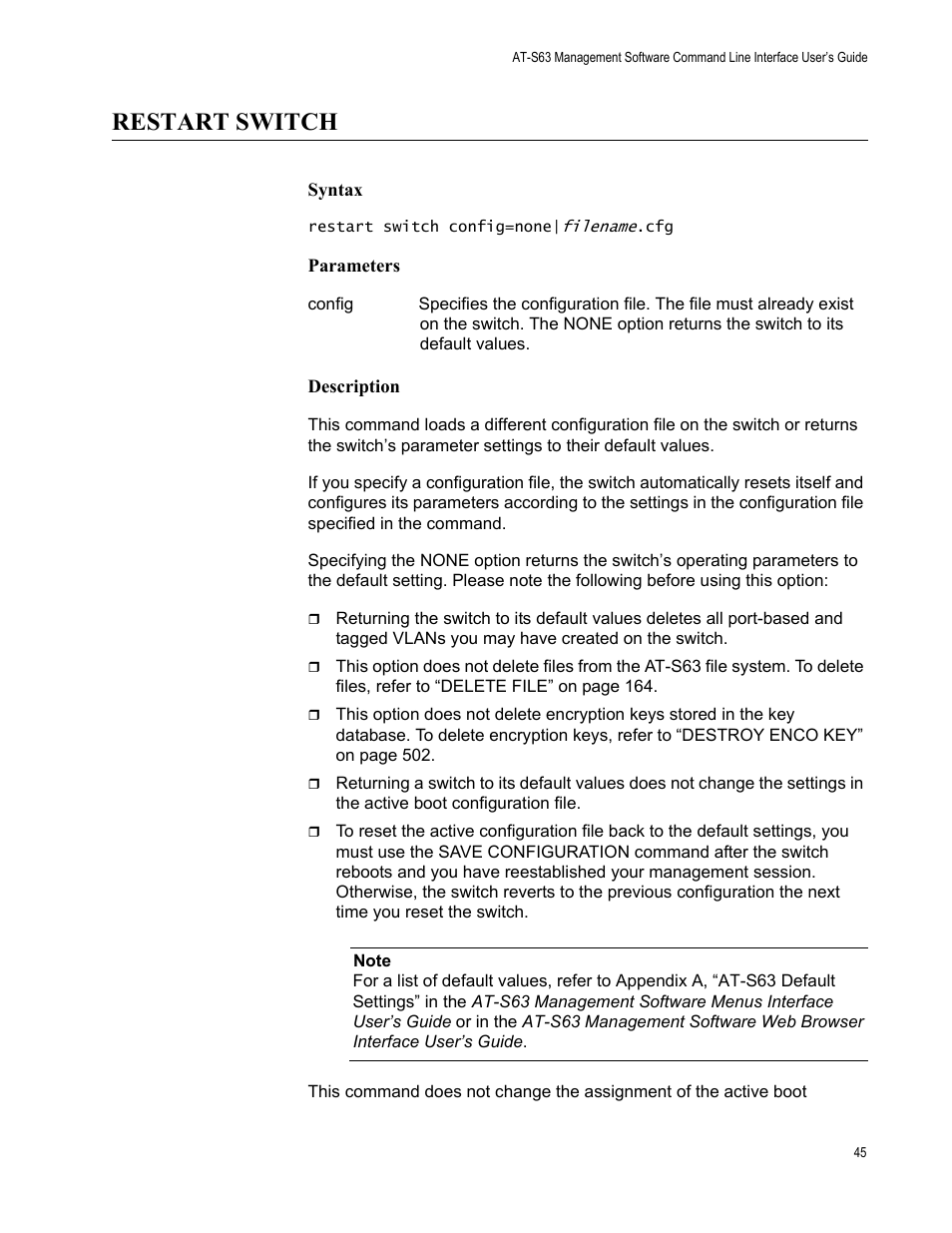 Restart switch, Syntax, Parameters | Description | Allied Telesis AT-S63 User Manual | Page 45 / 562