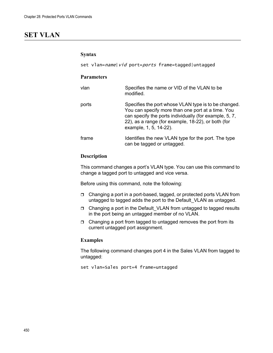 Set vlan, Syntax, Parameters | Description, Examples | Allied Telesis AT-S63 User Manual | Page 450 / 562