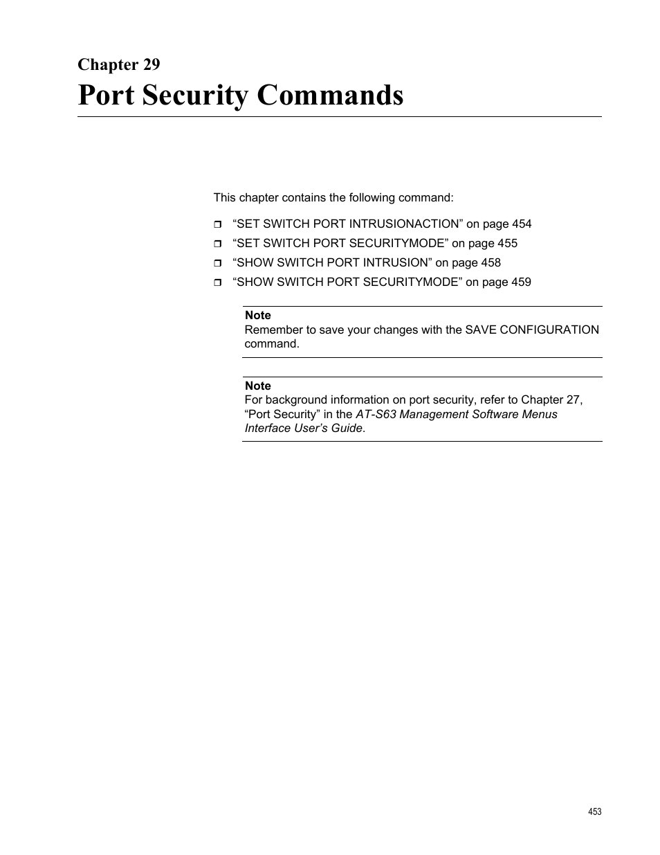 Chapter 29, Port security commands | Allied Telesis AT-S63 User Manual | Page 453 / 562