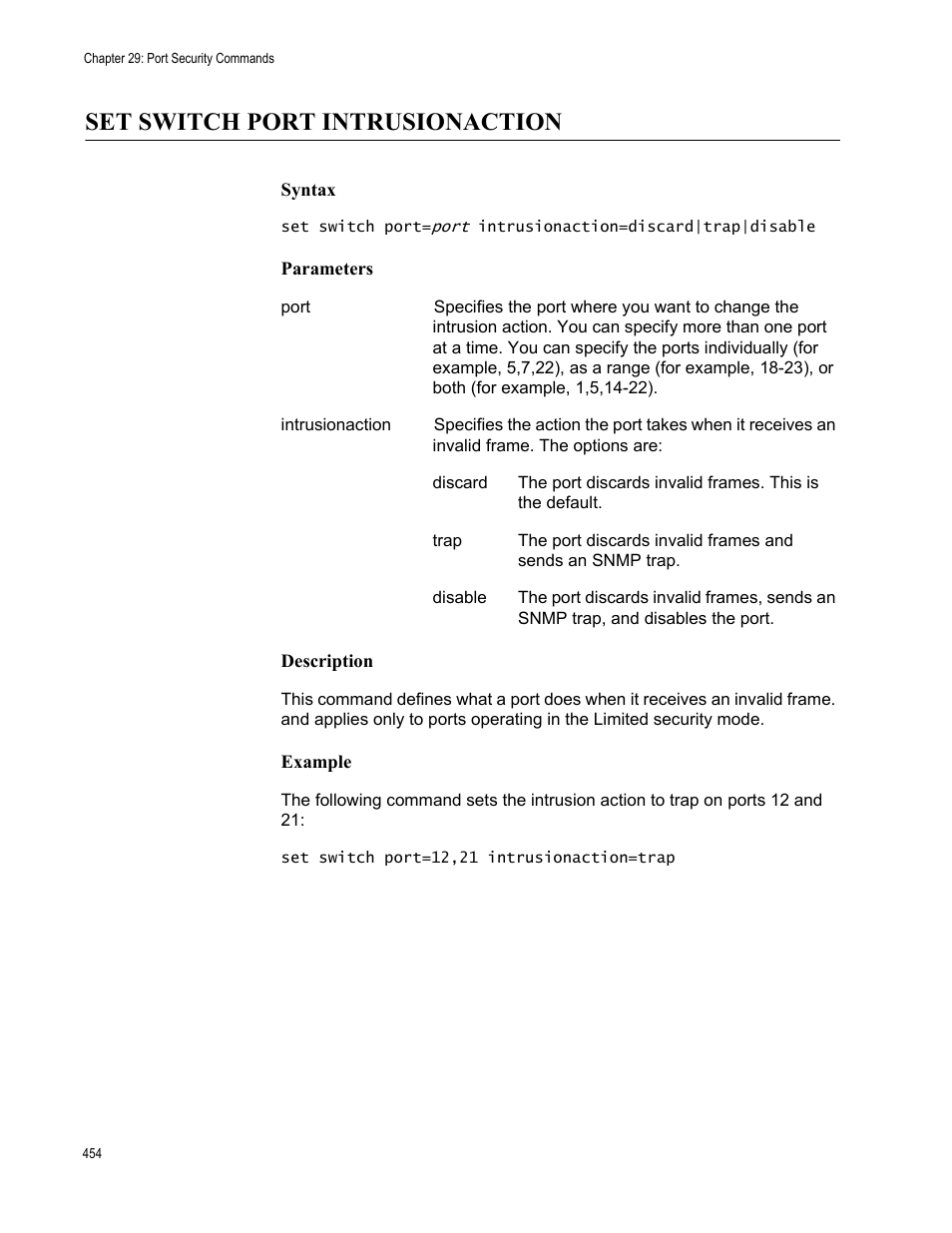Set switch port intrusionaction, Syntax, Parameters | Description, Example | Allied Telesis AT-S63 User Manual | Page 454 / 562