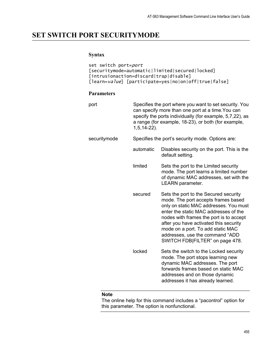 Set switch port securitymode, Syntax, Parameters | Allied Telesis AT-S63 User Manual | Page 455 / 562