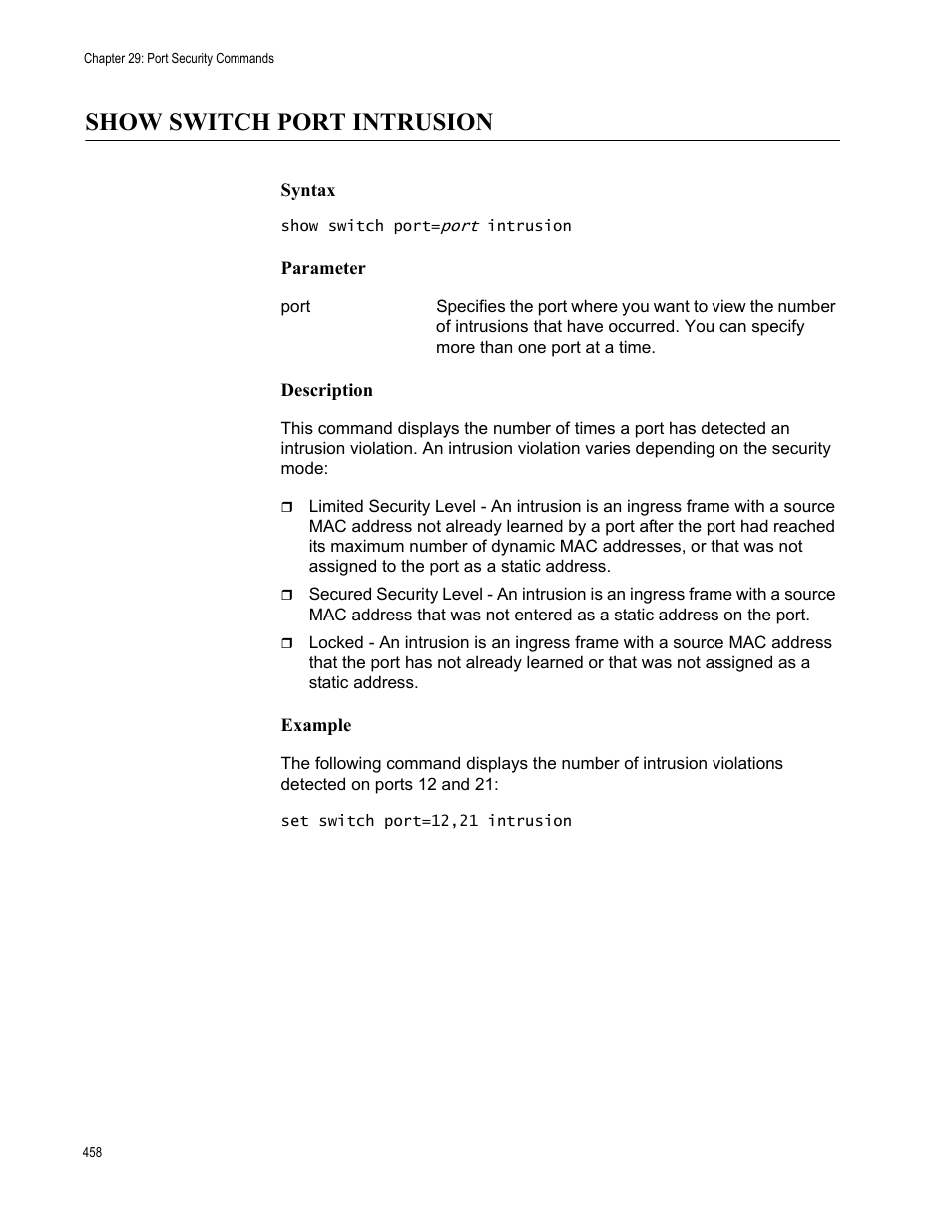 Show switch port intrusion, Syntax, Parameter | Description, Example | Allied Telesis AT-S63 User Manual | Page 458 / 562