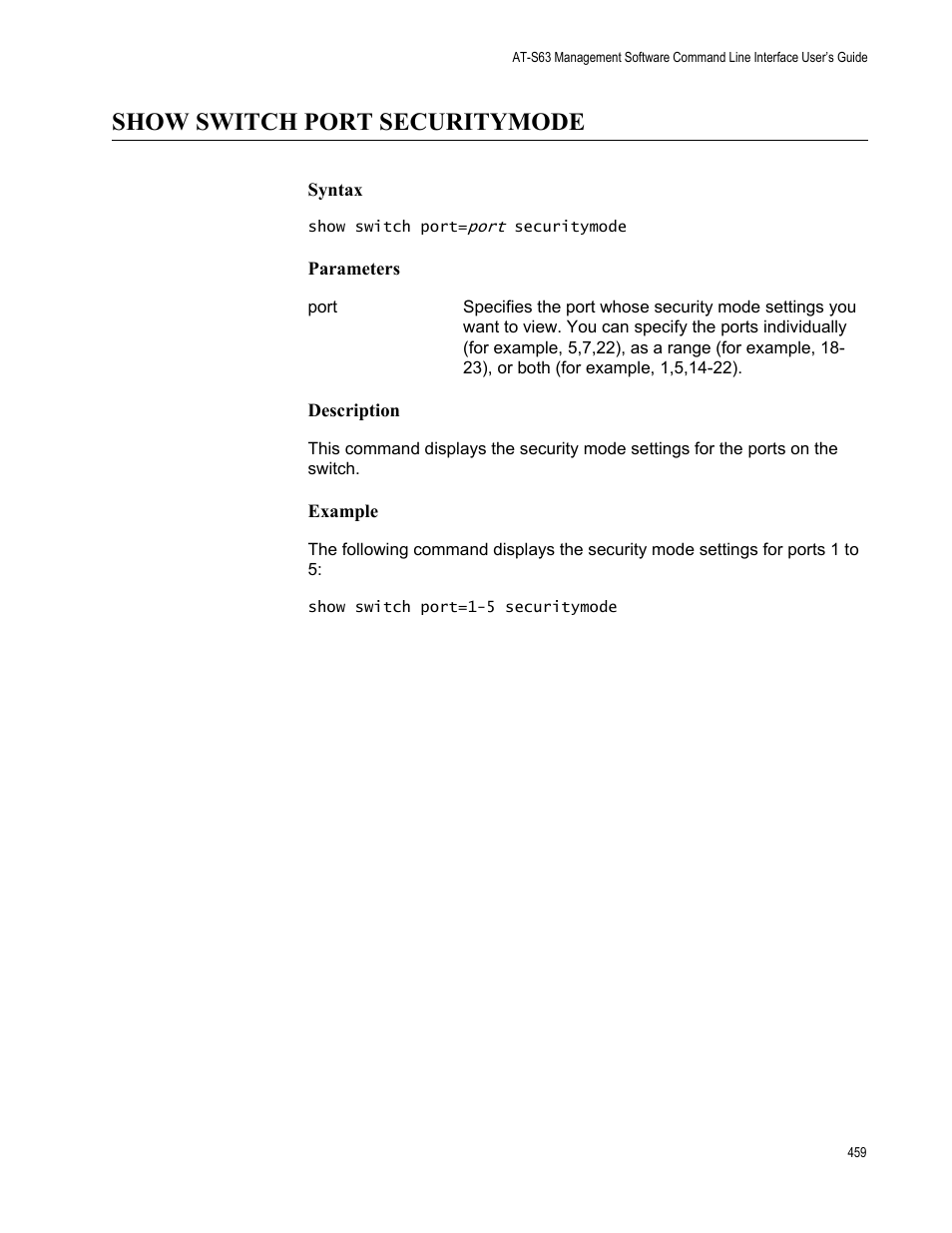 Show switch port securitymode, Syntax, Parameters | Description, Example | Allied Telesis AT-S63 User Manual | Page 459 / 562