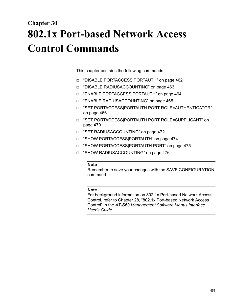 Chapter 30, 1x port-based network access control commands | Allied Telesis AT-S63 User Manual | Page 461 / 562