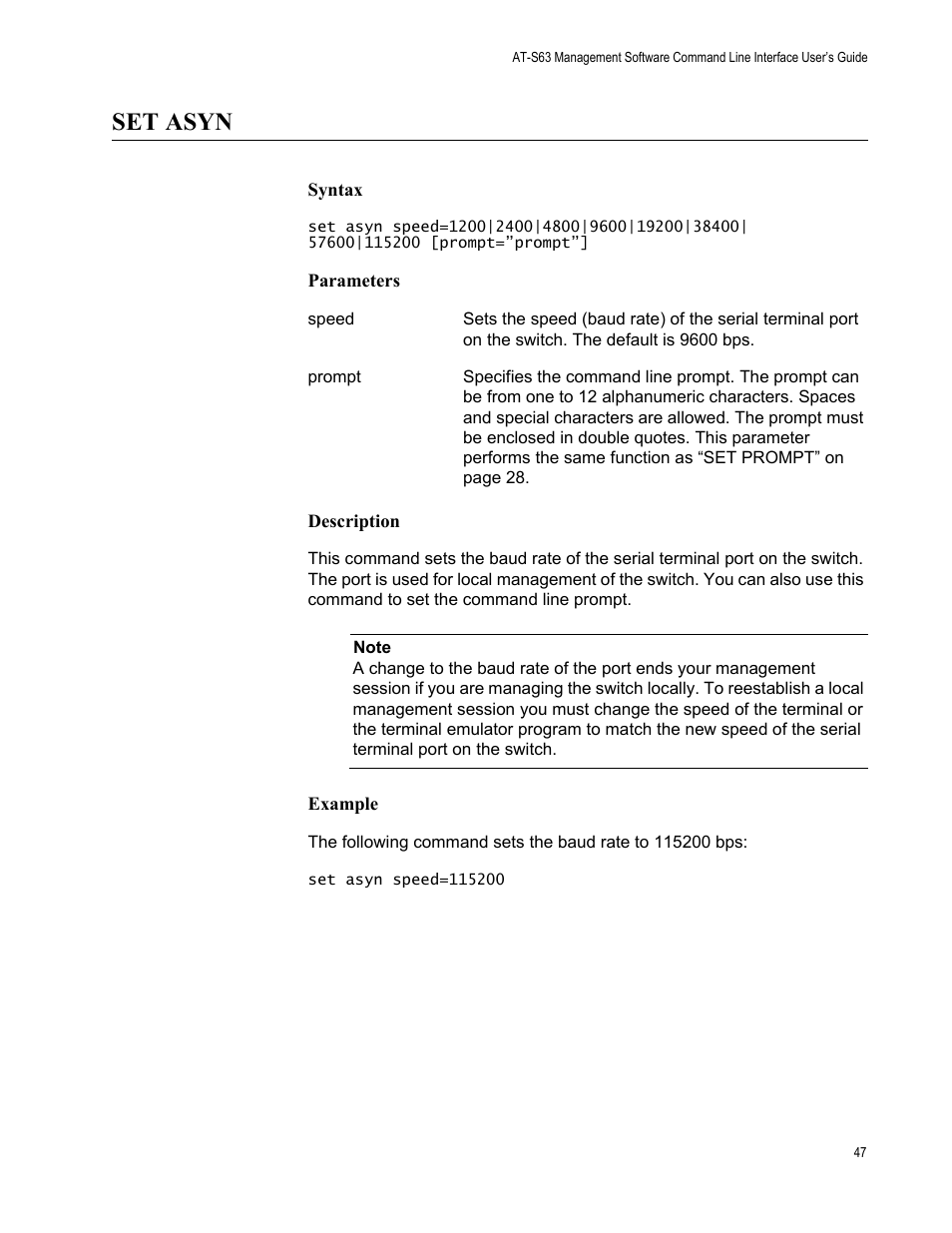 Set asyn, Syntax, Parameters | Description, Example | Allied Telesis AT-S63 User Manual | Page 47 / 562