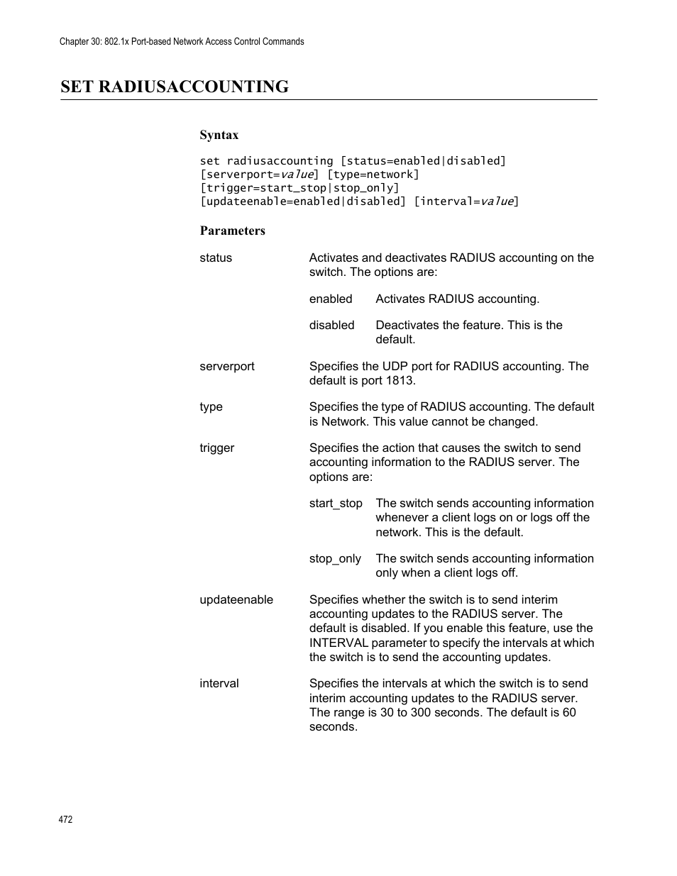 Set radiusaccounting, Syntax, Parameters | Allied Telesis AT-S63 User Manual | Page 472 / 562