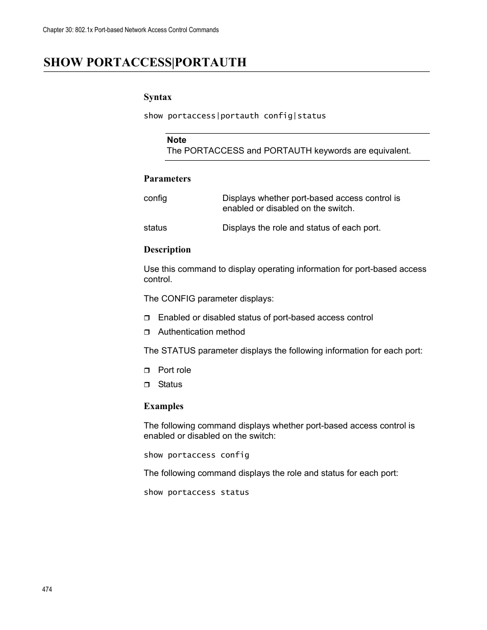 Show portaccess|portauth, Syntax, Parameters | Description, Examples | Allied Telesis AT-S63 User Manual | Page 474 / 562